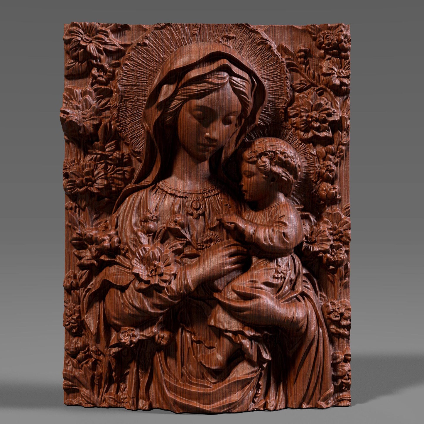 Exquisite 3D wooden bas-relief sculpture depicting the Virgin Mary tenderly holding baby Jesus, surrounded by detailed floral carvings. The artwork captures the beauty and serenity of motherhood and faith, making it perfect for Christian homes, chapels, and spiritual decor. Finely detailed wood texture enhances depth and realism, ideal for CNC carving, 3D printing, or display as an elegant religious wall piece symbolizing divine love and protection.