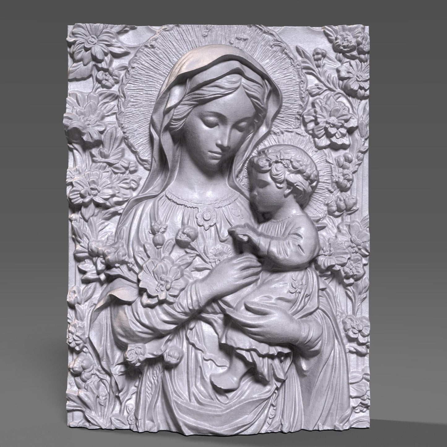 Exquisite 3D wooden bas-relief sculpture depicting the Virgin Mary tenderly holding baby Jesus, surrounded by detailed floral carvings. The artwork captures the beauty and serenity of motherhood and faith, making it perfect for Christian homes, chapels, and spiritual decor. Finely detailed wood texture enhances depth and realism, ideal for CNC carving, 3D printing, or display as an elegant religious wall piece symbolizing divine love and protection.