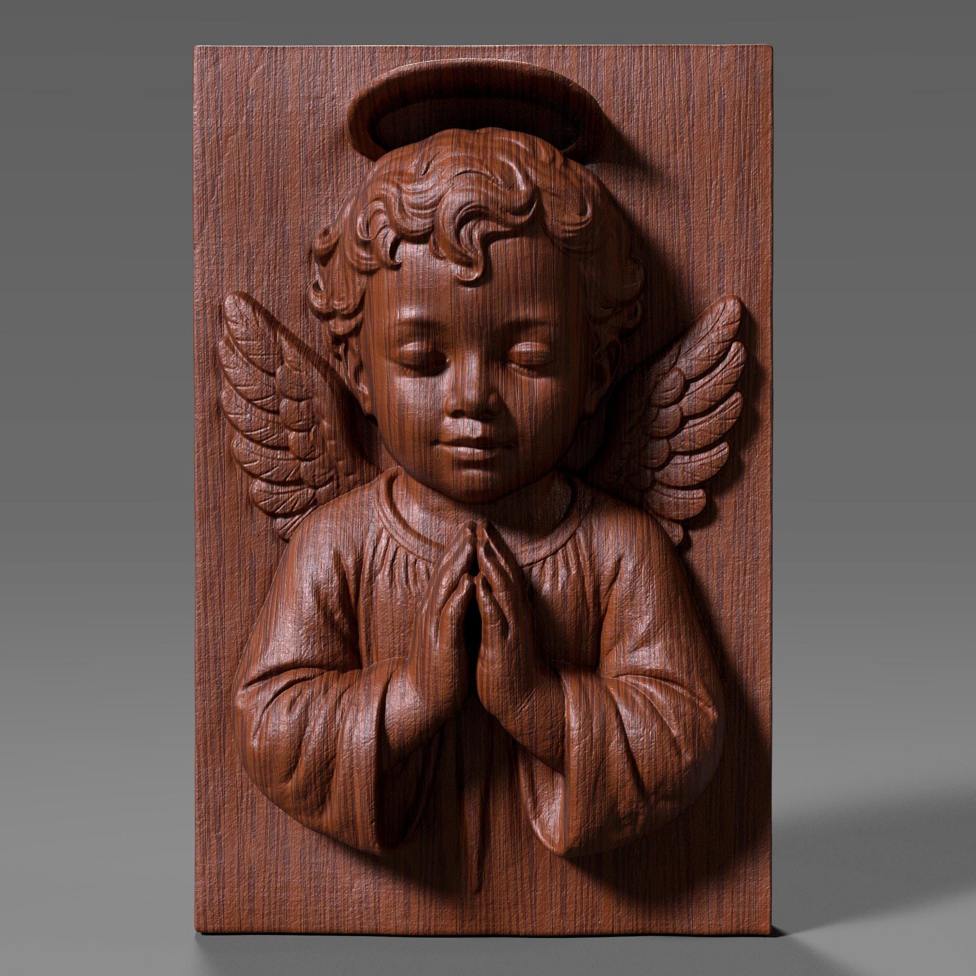 3D bas-relief of a baby angel with curly hair, halo, and detailed wings, shown in a prayer pose. The design is carved into a vertical wooden slab, ideal for Catholic Christmas wall art, CNC wood carving, or laser engraving. The digital model captures a serene and peaceful emotion, perfect for seasonal or spiritual decor. Great for gifts or handmade crafts.