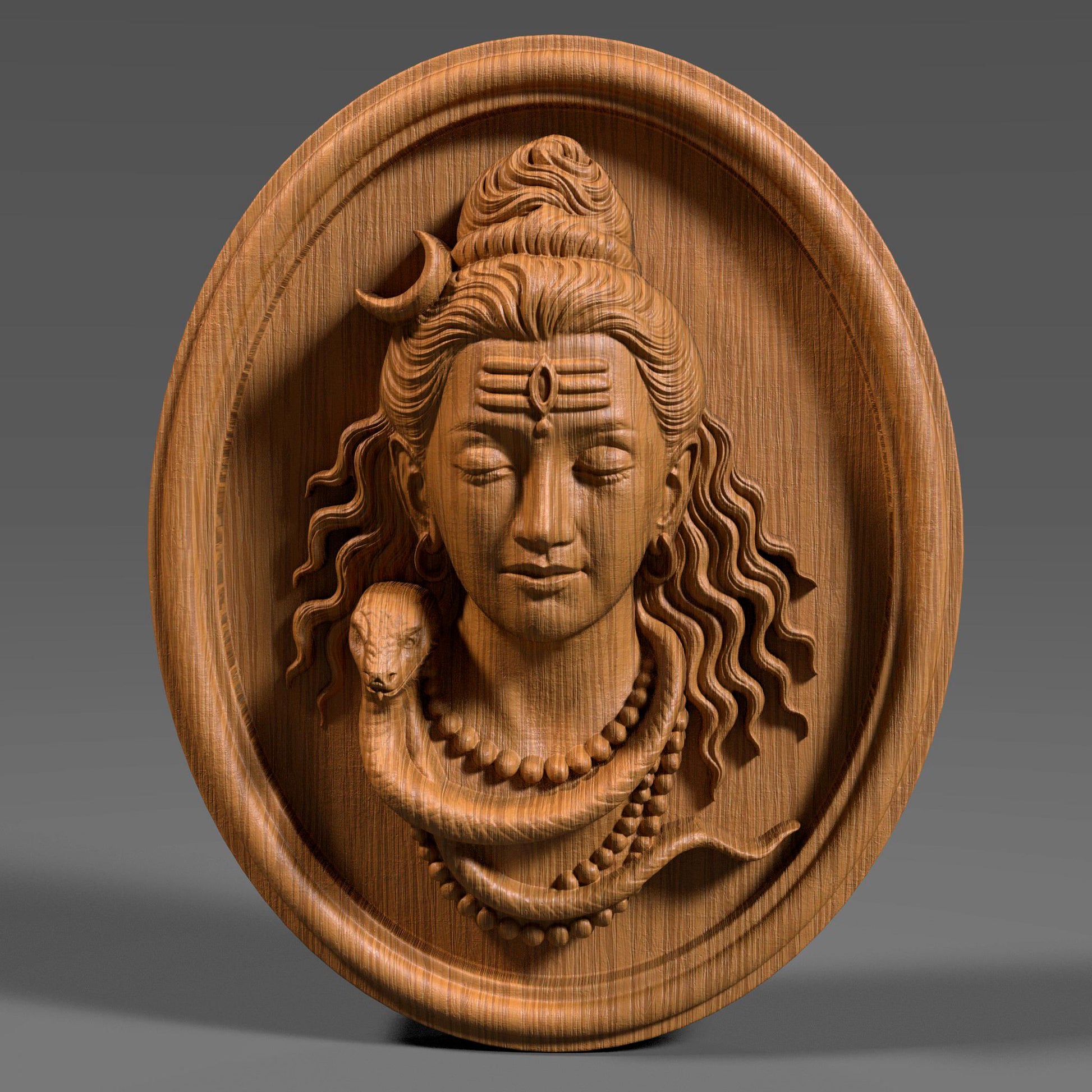 3D bas relief of Lord Shiva carved in wood texture, showcasing his serene expression, crescent moon on his hair, closed eyes, detailed wavy hair, rudraksha necklace, and a coiled snake around his neck, set within a round plaque design. Ideal for CNC carving, religious wall art, and traditional Indian decor, rendered with realistic wood grain detailing and deep engraving for visual depth and dimensional quality.