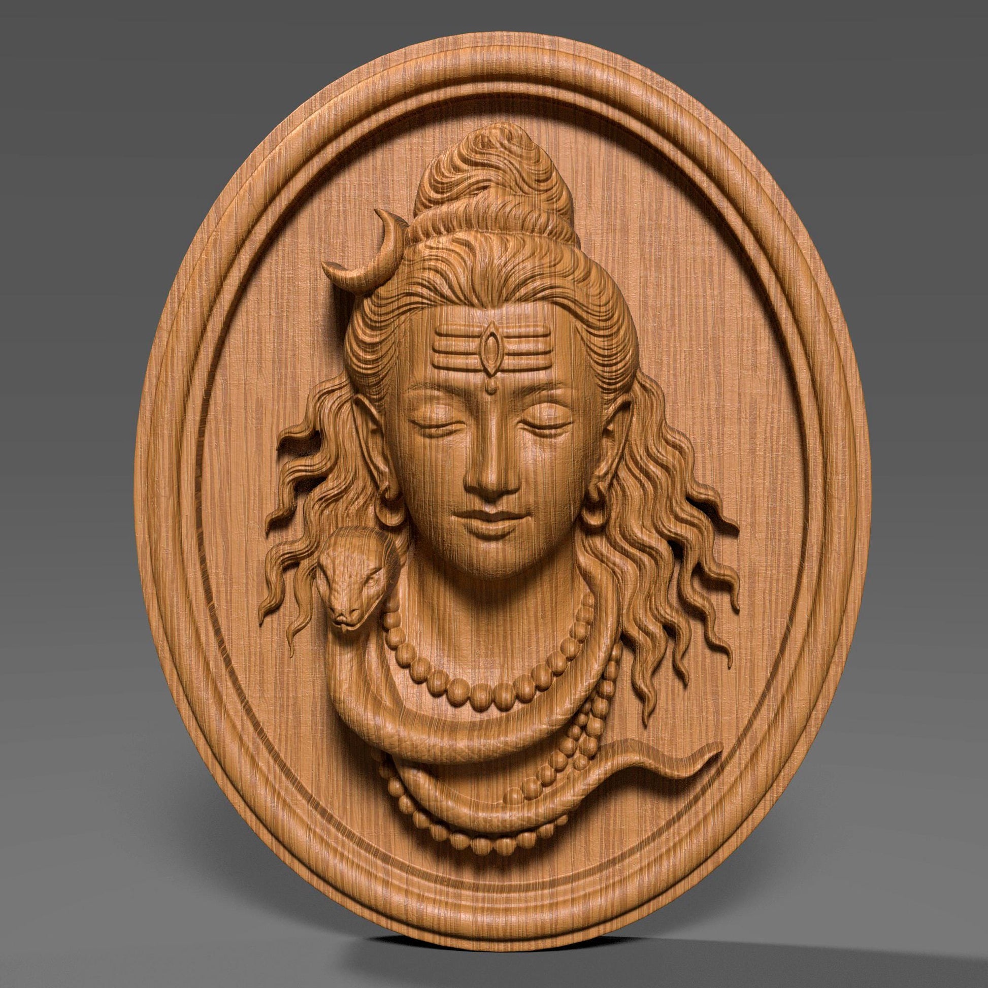 3D bas relief of Lord Shiva carved in wood texture, showcasing his serene expression, crescent moon on his hair, closed eyes, detailed wavy hair, rudraksha necklace, and a coiled snake around his neck, set within a round plaque design. Ideal for CNC carving, religious wall art, and traditional Indian decor, rendered with realistic wood grain detailing and deep engraving for visual depth and dimensional quality.