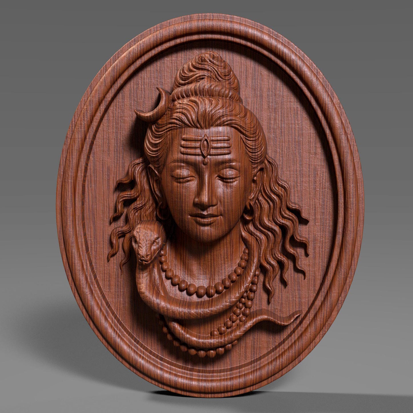 3D bas relief of Lord Shiva carved in wood texture, showcasing his serene expression, crescent moon on his hair, closed eyes, detailed wavy hair, rudraksha necklace, and a coiled snake around his neck, set within a round plaque design. Ideal for CNC carving, religious wall art, and traditional Indian decor, rendered with realistic wood grain detailing and deep engraving for visual depth and dimensional quality.