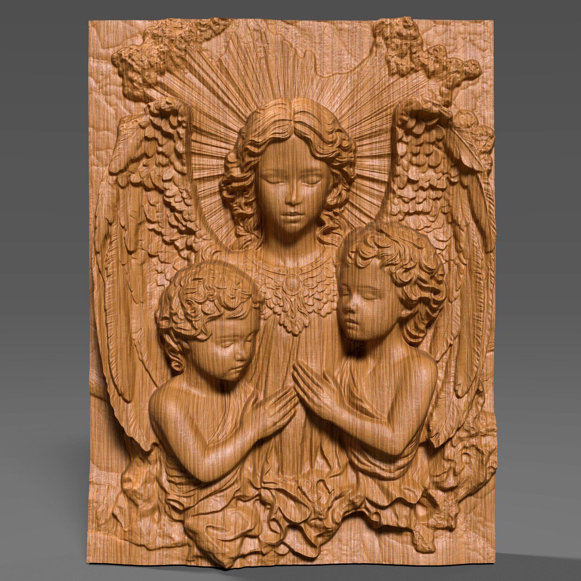 Beautiful 3D wooden bas-relief depicting guardian angels watching over two children in serene prayer. This Christian wall art captures divine love, purity, and protection — perfect for Christmas decor, religious gifts, or sacred home displays. The intricate carving details, radiant light effect, and fine wood texture make it a timeless piece for faith-inspired interiors. Ideal for believers seeking meaningful spiritual wall art with angelic grace and warmth.