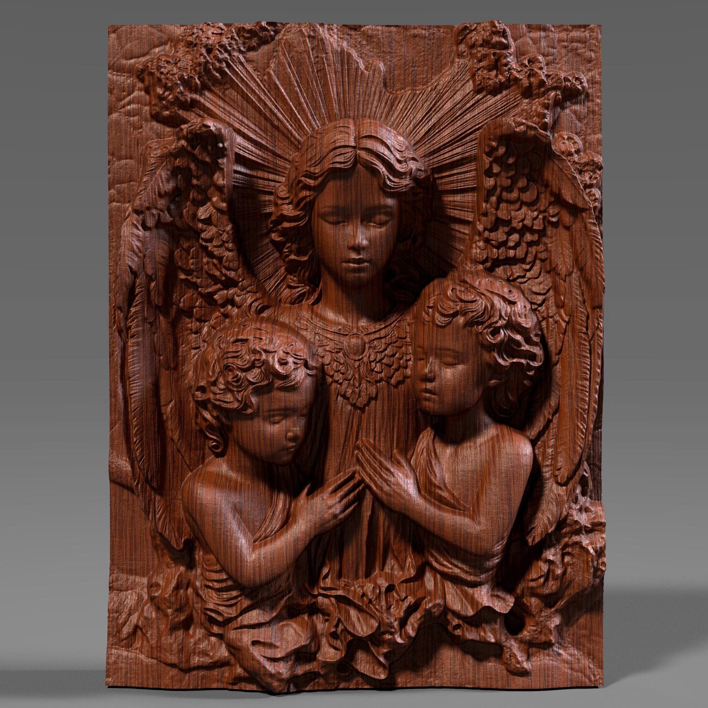 Beautiful 3D wooden bas-relief depicting guardian angels watching over two children in serene prayer. This Christian wall art captures divine love, purity, and protection — perfect for Christmas decor, religious gifts, or sacred home displays. The intricate carving details, radiant light effect, and fine wood texture make it a timeless piece for faith-inspired interiors. Ideal for believers seeking meaningful spiritual wall art with angelic grace and warmth.
