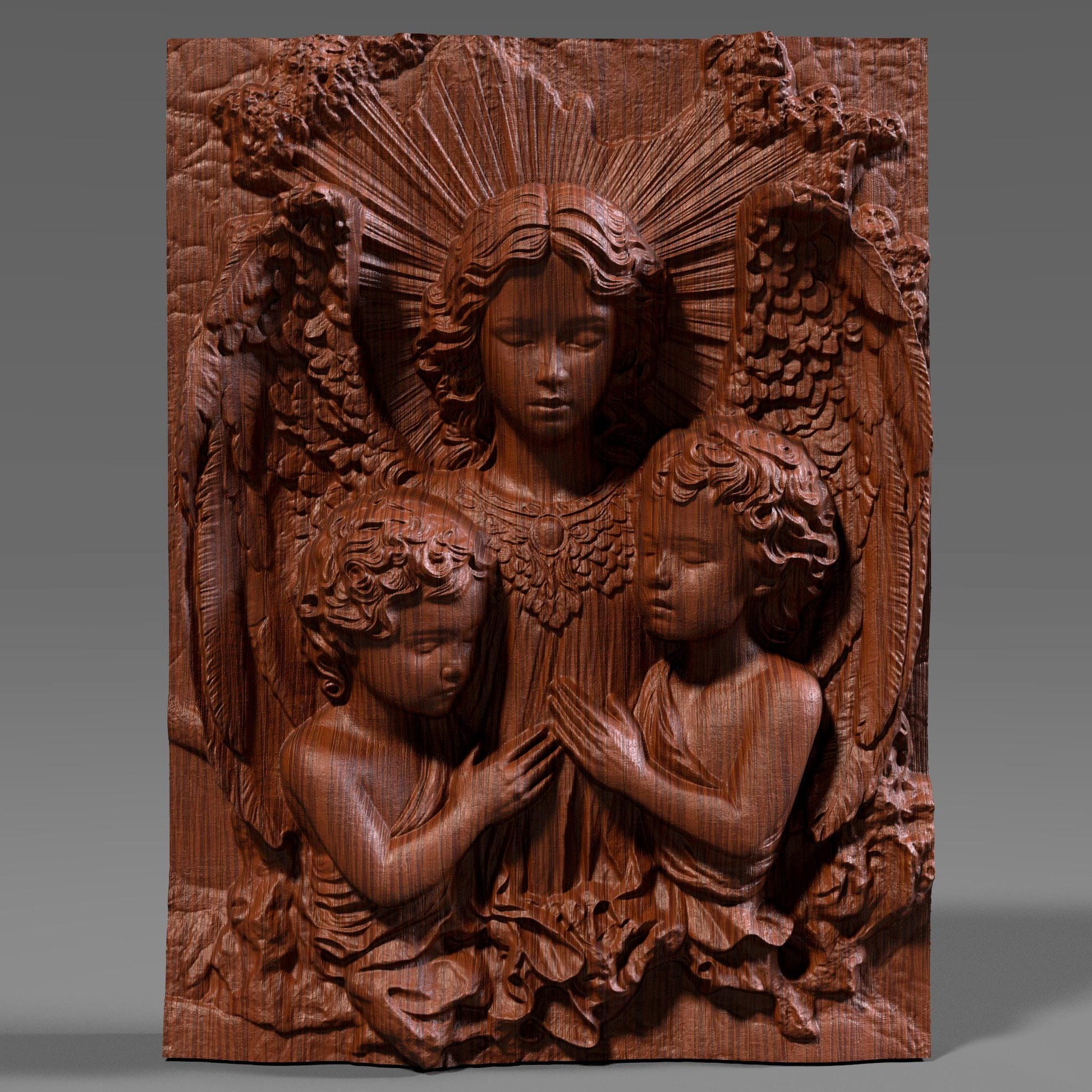 Beautiful 3D wooden bas-relief depicting guardian angels watching over two children in serene prayer. This Christian wall art captures divine love, purity, and protection — perfect for Christmas decor, religious gifts, or sacred home displays. The intricate carving details, radiant light effect, and fine wood texture make it a timeless piece for faith-inspired interiors. Ideal for believers seeking meaningful spiritual wall art with angelic grace and warmth.