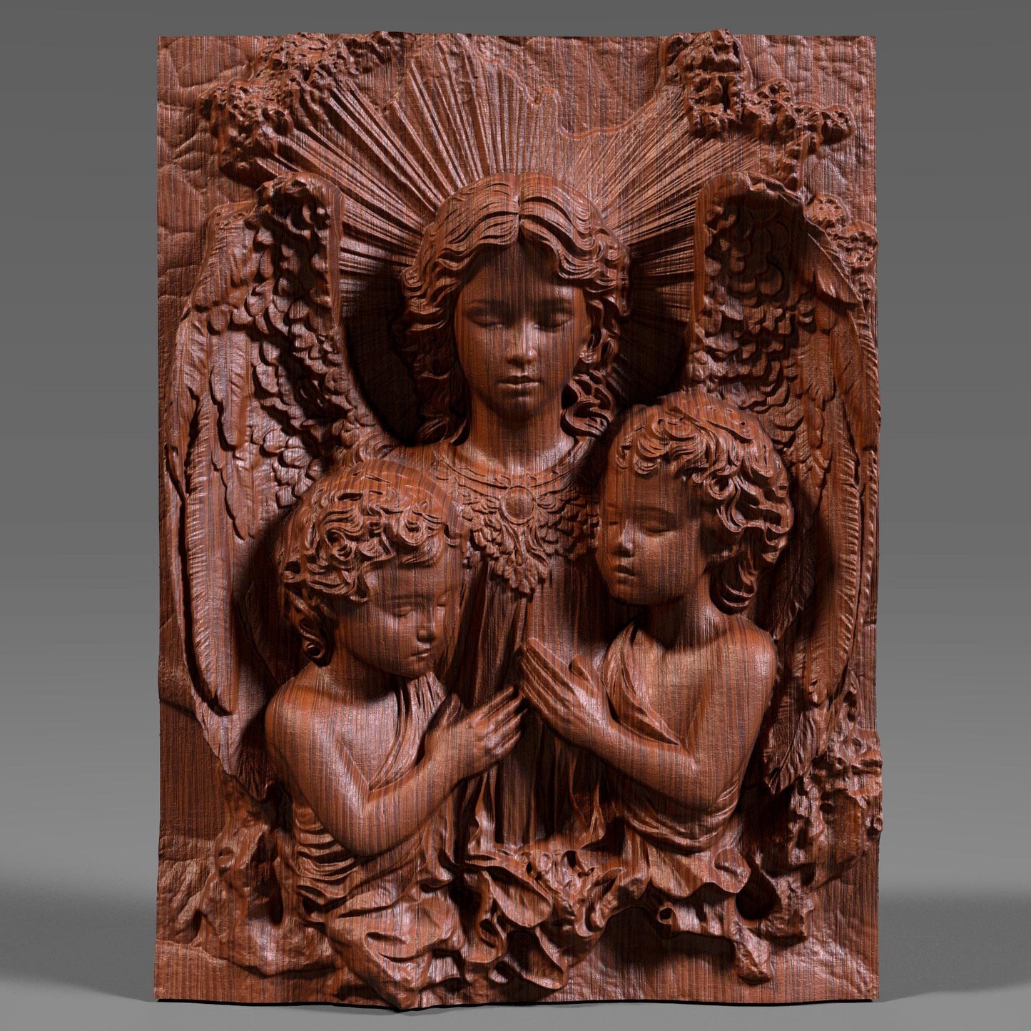 Beautiful 3D wooden bas-relief depicting guardian angels watching over two children in serene prayer. This Christian wall art captures divine love, purity, and protection — perfect for Christmas decor, religious gifts, or sacred home displays. The intricate carving details, radiant light effect, and fine wood texture make it a timeless piece for faith-inspired interiors. Ideal for believers seeking meaningful spiritual wall art with angelic grace and warmth.