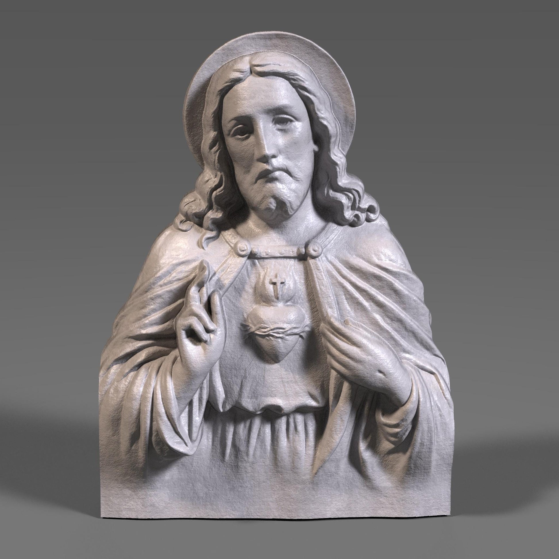 Highly detailed 3D relief sculpture of Jesus Christ featuring the Sacred Heart symbol, designed for wood carving, CNC milling, resin printing, or laser engraving. The bust showcases Jesus with a serene, compassionate expression, raised hand in blessing, and flowing robes. Ideal for religious art collectors or church installations.