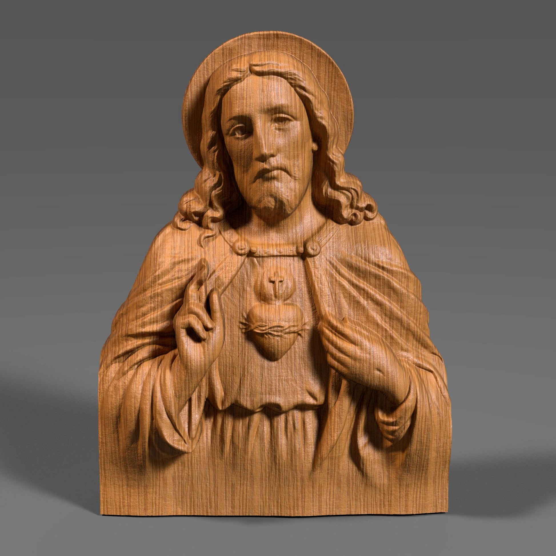 Highly detailed 3D relief sculpture of Jesus Christ featuring the Sacred Heart symbol, designed for wood carving, CNC milling, resin printing, or laser engraving. The bust showcases Jesus with a serene, compassionate expression, raised hand in blessing, and flowing robes. Ideal for religious art collectors or church installations.