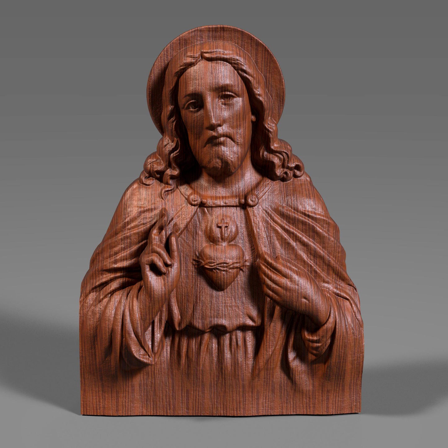 Highly detailed 3D relief sculpture of Jesus Christ featuring the Sacred Heart symbol, designed for wood carving, CNC milling, resin printing, or laser engraving. The bust showcases Jesus with a serene, compassionate expression, raised hand in blessing, and flowing robes. Ideal for religious art collectors or church installations.