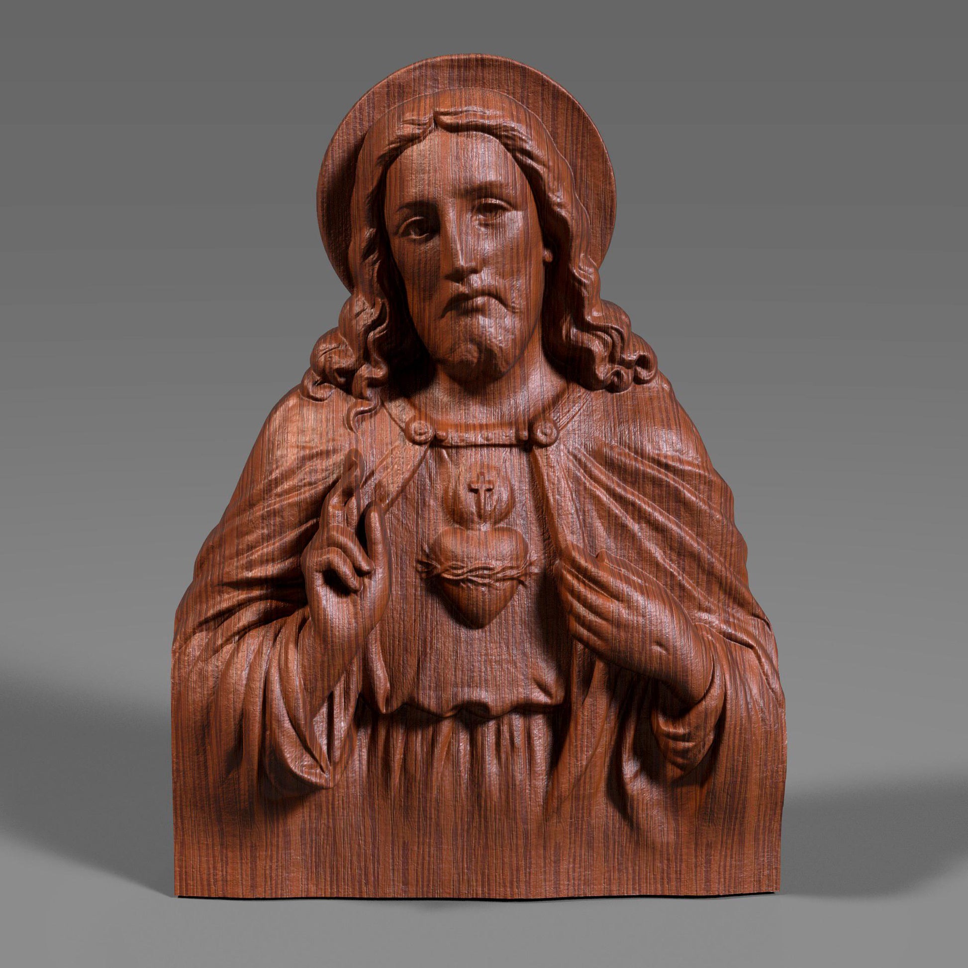 Highly detailed 3D relief sculpture of Jesus Christ featuring the Sacred Heart symbol, designed for wood carving, CNC milling, resin printing, or laser engraving. The bust showcases Jesus with a serene, compassionate expression, raised hand in blessing, and flowing robes. Ideal for religious art collectors or church installations.