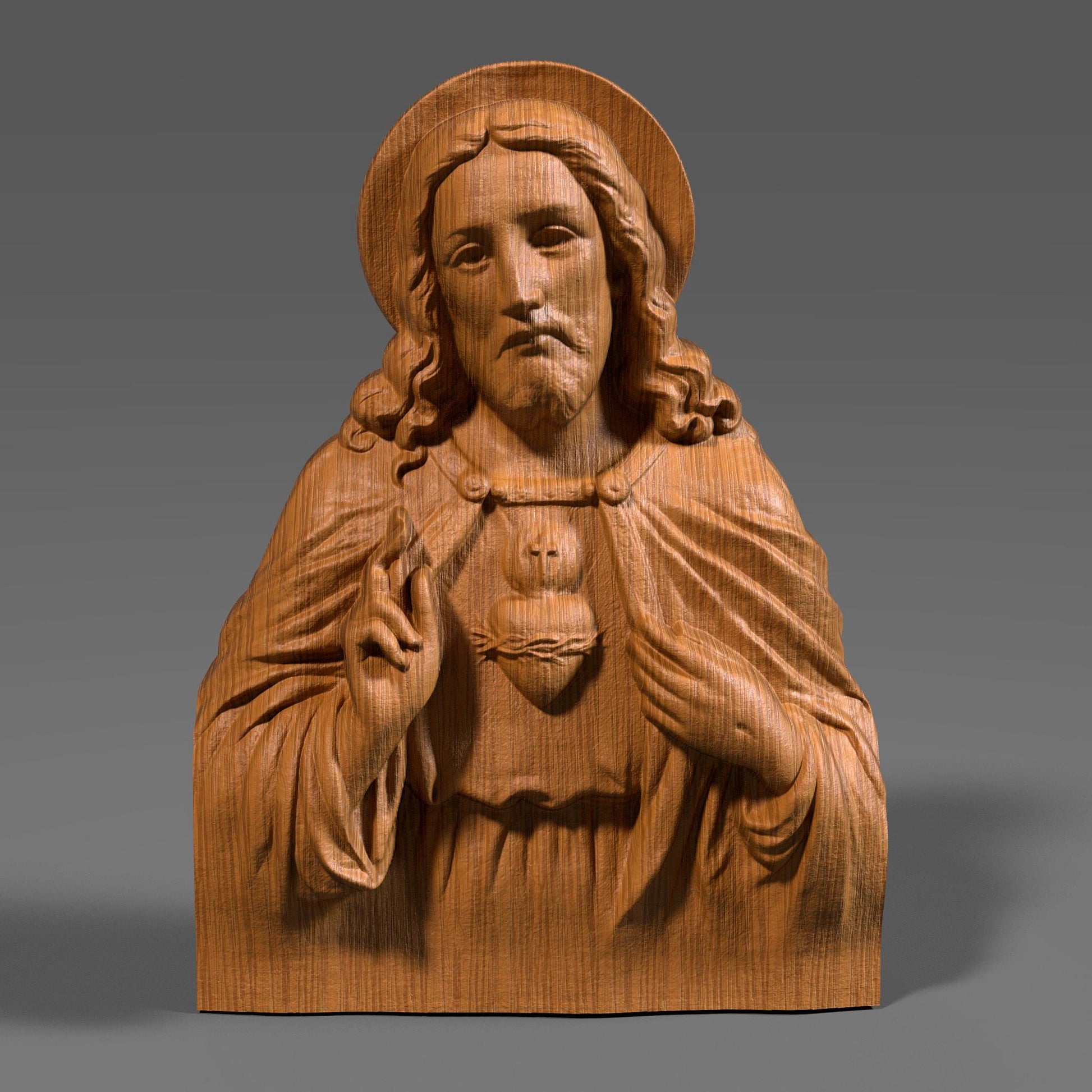 Highly detailed 3D relief sculpture of Jesus Christ featuring the Sacred Heart symbol, designed for wood carving, CNC milling, resin printing, or laser engraving. The bust showcases Jesus with a serene, compassionate expression, raised hand in blessing, and flowing robes. Ideal for religious art collectors or church installations.