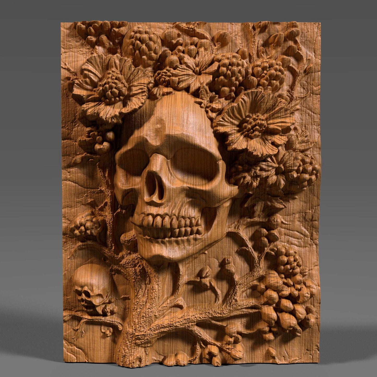 Intricately carved 3D wooden bas-relief wall art featuring a haunting skull surrounded by blooming flowers and berries — a perfect fusion of beauty and darkness. This Halloween-themed gothic sculpture brings eerie elegance to any room with its detailed wood texture and dramatic depth. Ideal for Halloween decor, gothic interiors, or collectors of macabre art. A captivating handcrafted piece symbolizing the cycle of life and death in stunning wooden form.