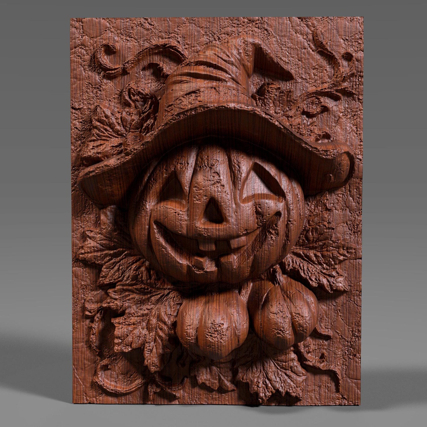 Charming 3D wooden bas-relief wall art featuring a smiling Jack-o’-lantern pumpkin wearing a witch hat surrounded by carved leaves and vines. This Halloween-inspired wooden sculpture captures the festive spirit of autumn with its detailed carving and warm texture. Perfect for spooky-season decor, fall wall displays, or as a unique Halloween gift. Handcrafted look with fine wood grain and intricate details makes it ideal for home or party decoration.