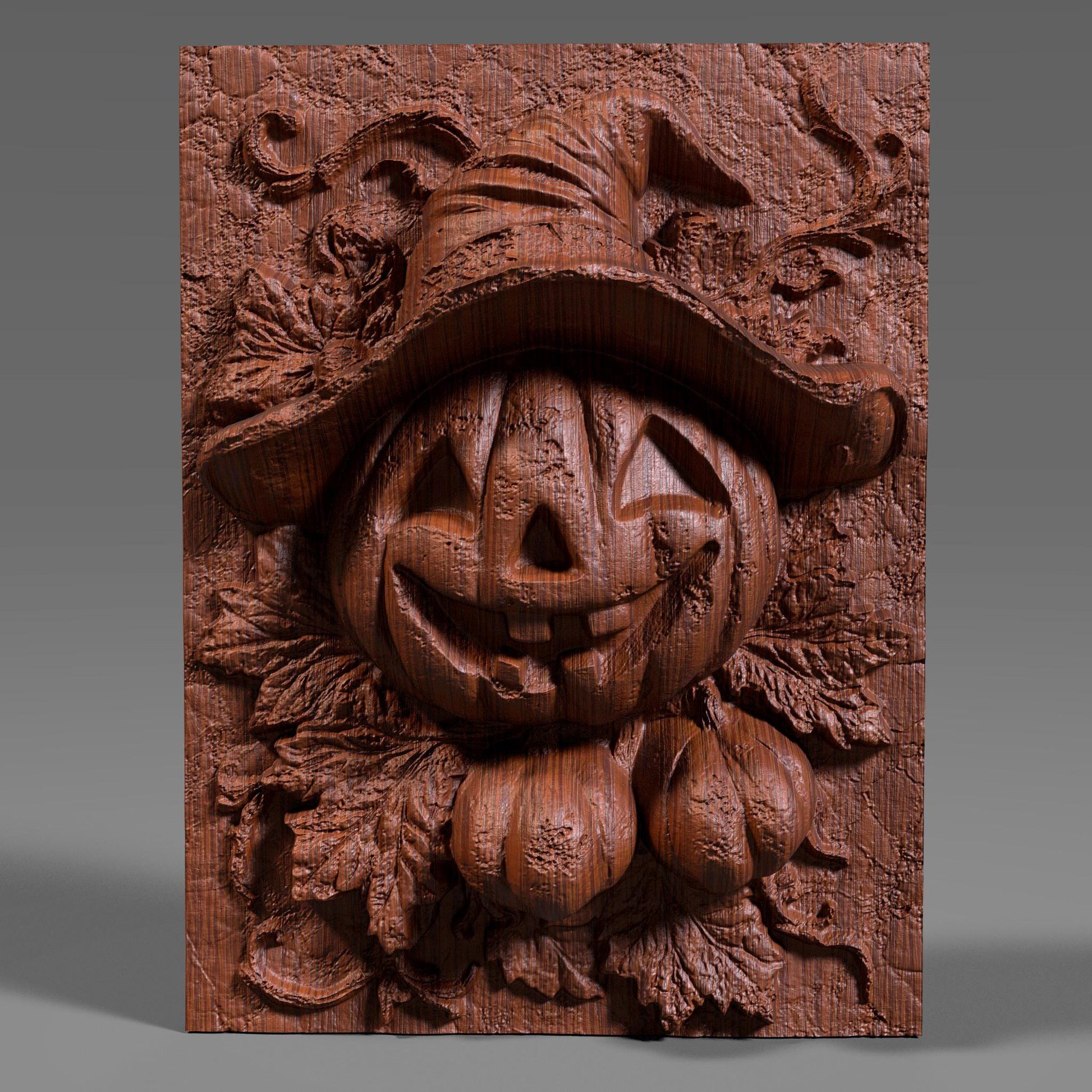 Charming 3D wooden bas-relief wall art featuring a smiling Jack-o’-lantern pumpkin wearing a witch hat surrounded by carved leaves and vines. This Halloween-inspired wooden sculpture captures the festive spirit of autumn with its detailed carving and warm texture. Perfect for spooky-season decor, fall wall displays, or as a unique Halloween gift. Handcrafted look with fine wood grain and intricate details makes it ideal for home or party decoration.