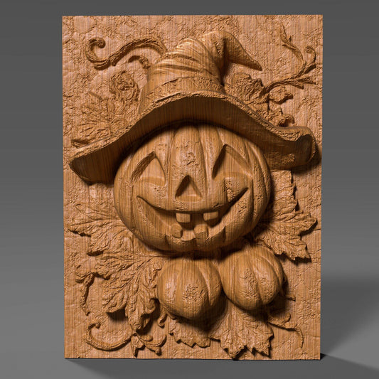 Charming 3D wooden bas-relief wall art featuring a smiling Jack-o’-lantern pumpkin wearing a witch hat surrounded by carved leaves and vines. This Halloween-inspired wooden sculpture captures the festive spirit of autumn with its detailed carving and warm texture. Perfect for spooky-season decor, fall wall displays, or as a unique Halloween gift. Handcrafted look with fine wood grain and intricate details makes it ideal for home or party decoration.