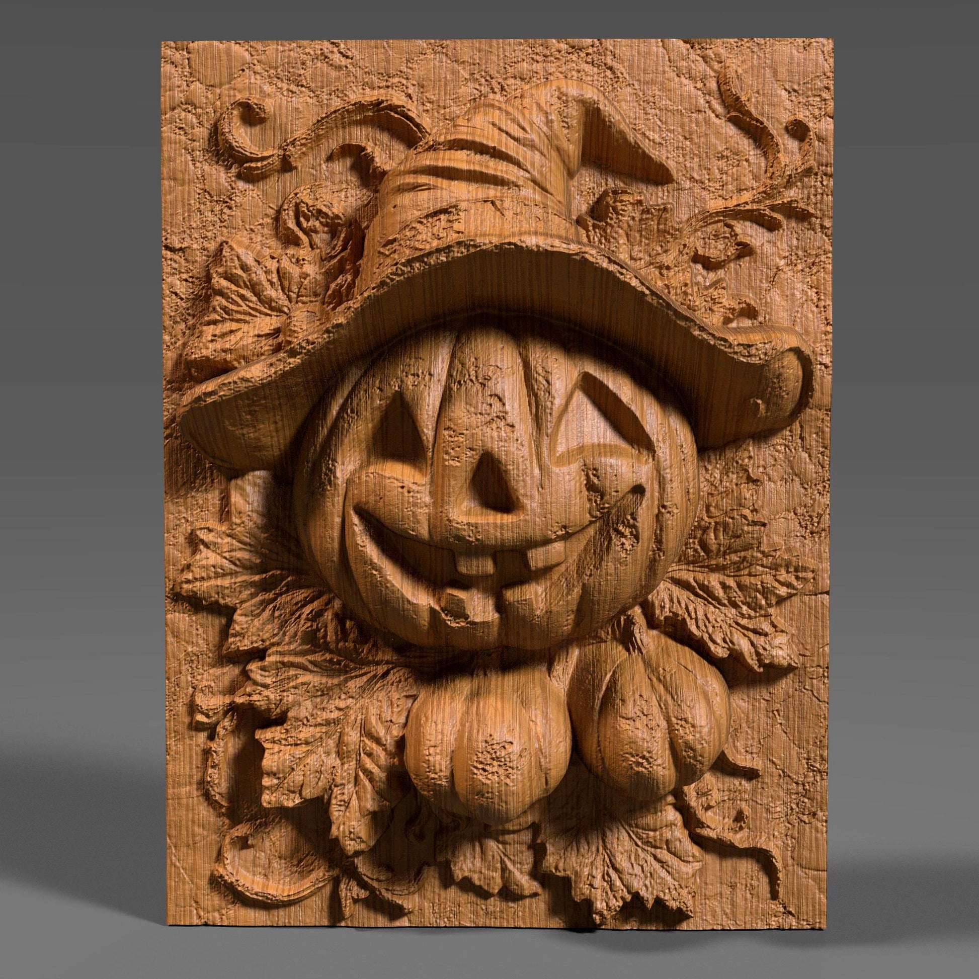 Charming 3D wooden bas-relief wall art featuring a smiling Jack-o’-lantern pumpkin wearing a witch hat surrounded by carved leaves and vines. This Halloween-inspired wooden sculpture captures the festive spirit of autumn with its detailed carving and warm texture. Perfect for spooky-season decor, fall wall displays, or as a unique Halloween gift. Handcrafted look with fine wood grain and intricate details makes it ideal for home or party decoration.