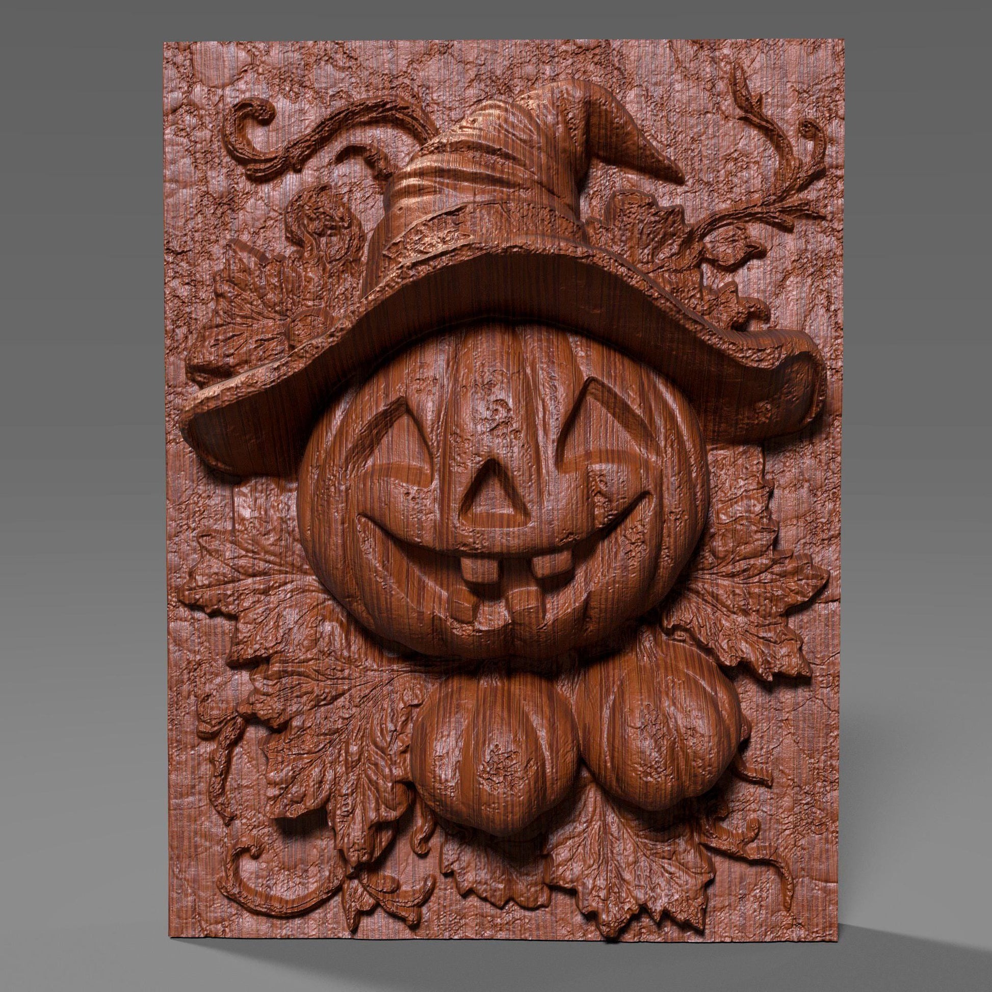 Charming 3D wooden bas-relief wall art featuring a smiling Jack-o’-lantern pumpkin wearing a witch hat surrounded by carved leaves and vines. This Halloween-inspired wooden sculpture captures the festive spirit of autumn with its detailed carving and warm texture. Perfect for spooky-season decor, fall wall displays, or as a unique Halloween gift. Handcrafted look with fine wood grain and intricate details makes it ideal for home or party decoration.