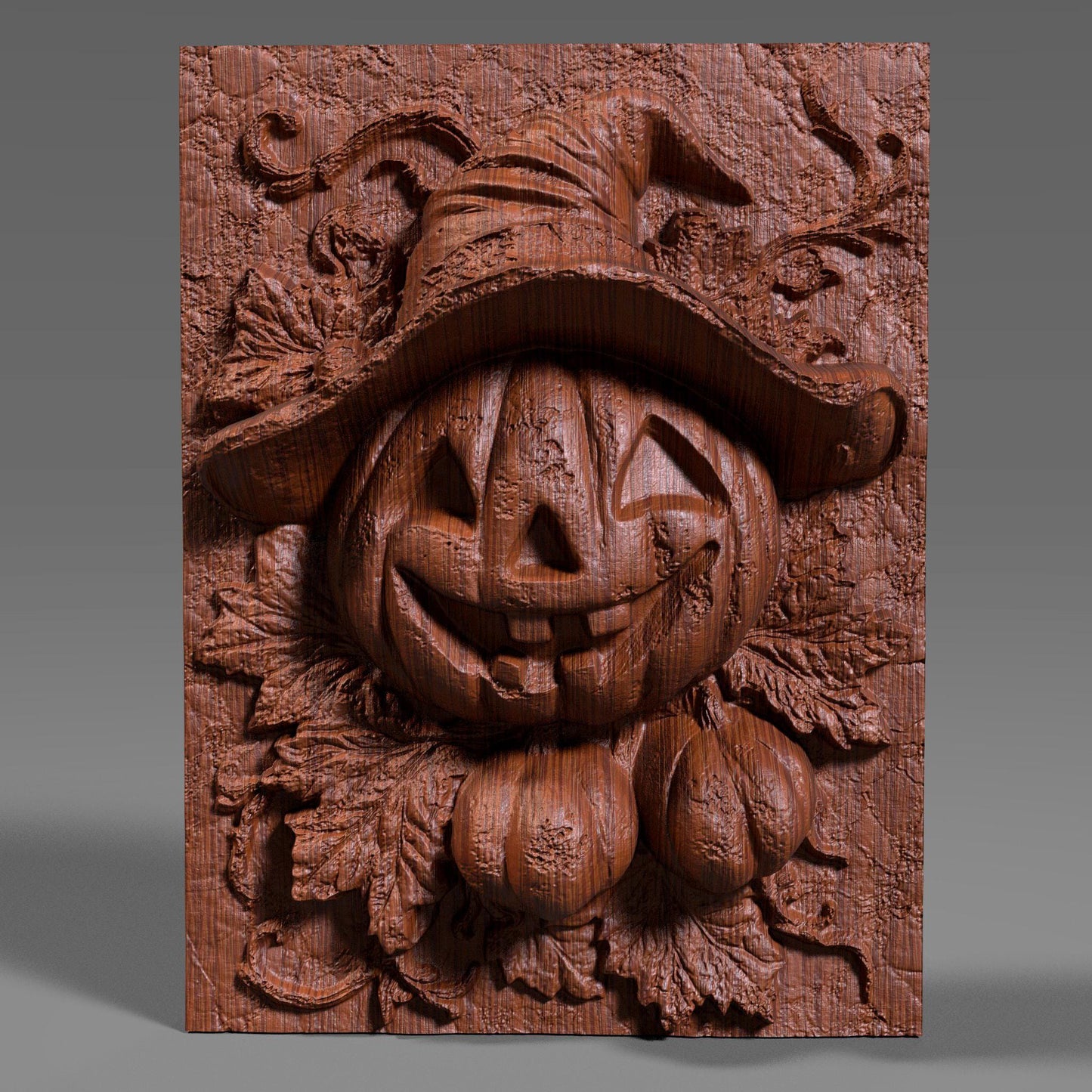Charming 3D wooden bas-relief wall art featuring a smiling Jack-o’-lantern pumpkin wearing a witch hat surrounded by carved leaves and vines. This Halloween-inspired wooden sculpture captures the festive spirit of autumn with its detailed carving and warm texture. Perfect for spooky-season decor, fall wall displays, or as a unique Halloween gift. Handcrafted look with fine wood grain and intricate details makes it ideal for home or party decoration.