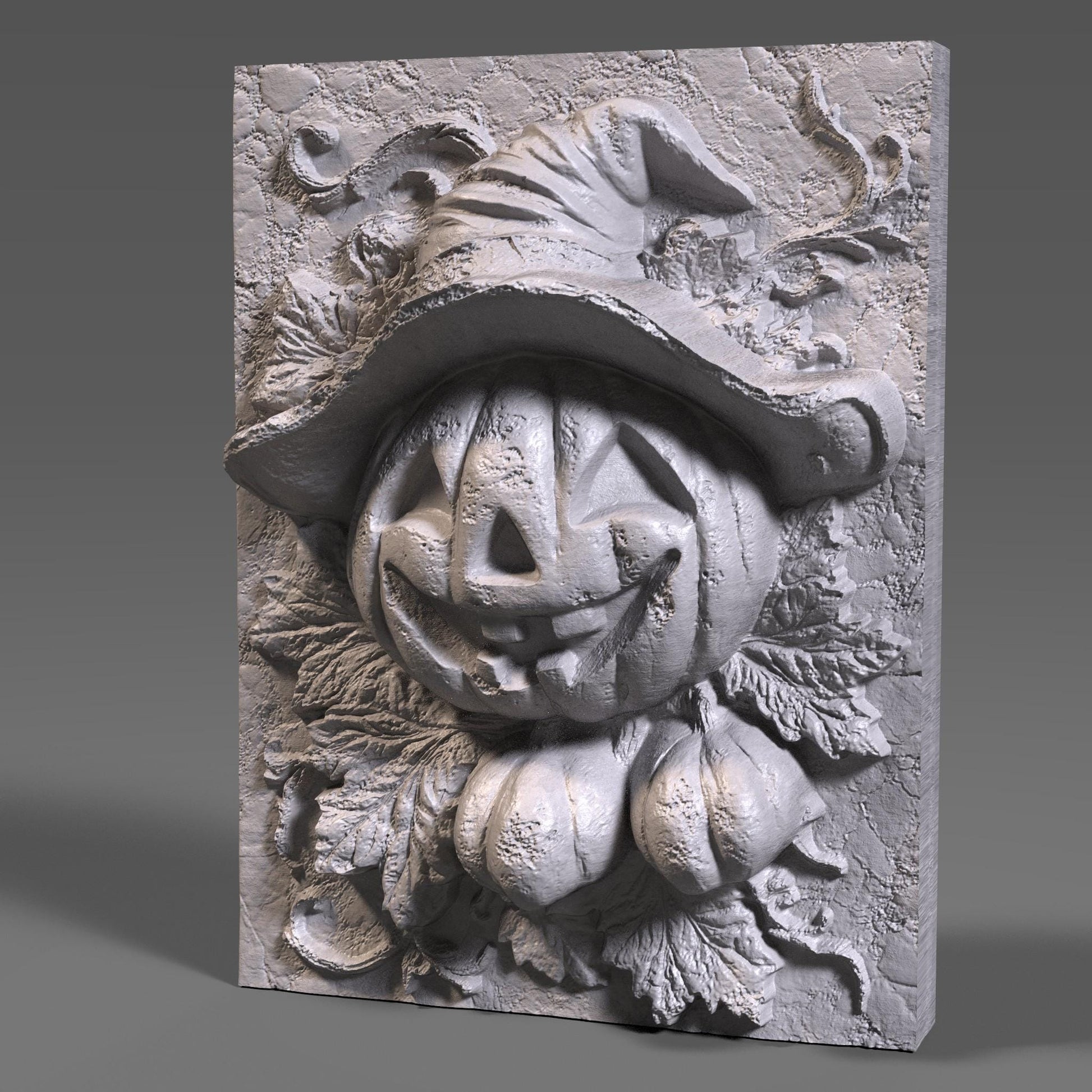 Charming 3D wooden bas-relief wall art featuring a smiling Jack-o’-lantern pumpkin wearing a witch hat surrounded by carved leaves and vines. This Halloween-inspired wooden sculpture captures the festive spirit of autumn with its detailed carving and warm texture. Perfect for spooky-season decor, fall wall displays, or as a unique Halloween gift. Handcrafted look with fine wood grain and intricate details makes it ideal for home or party decoration.