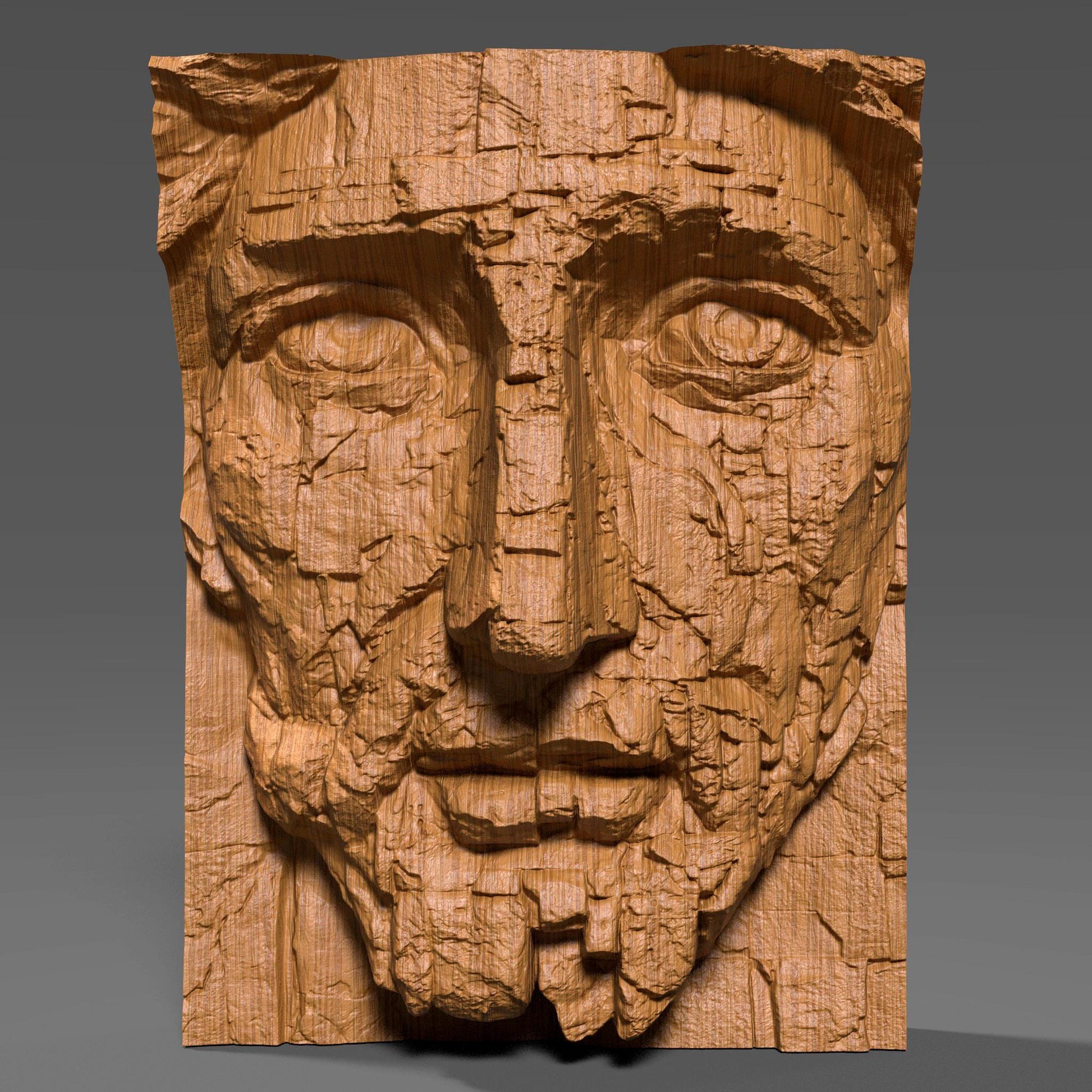 Beautifully detailed 3D wooden bas-relief depicting the face of Jesus sculpted to resemble aged stone. The artwork features a powerful, weathered expression symbolizing faith, endurance, and divine strength. Each crack and texture adds realism to the sacred design, making it an inspiring religious wall piece for home, chapel, or prayer room. Perfect as Christian decor, a meaningful gift, or an artistic reminder of faith carved in wood with the look of timeless stone.