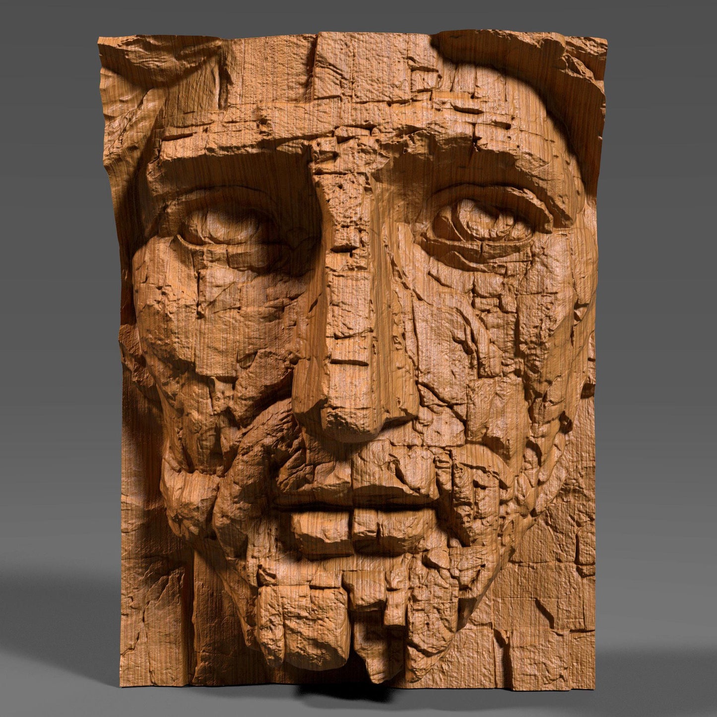 Beautifully detailed 3D wooden bas-relief depicting the face of Jesus sculpted to resemble aged stone. The artwork features a powerful, weathered expression symbolizing faith, endurance, and divine strength. Each crack and texture adds realism to the sacred design, making it an inspiring religious wall piece for home, chapel, or prayer room. Perfect as Christian decor, a meaningful gift, or an artistic reminder of faith carved in wood with the look of timeless stone.