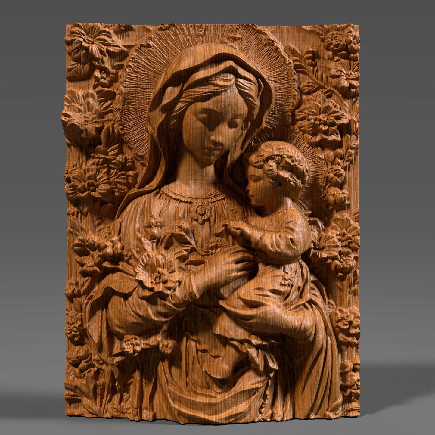 Exquisite 3D wooden bas-relief sculpture depicting the Virgin Mary tenderly holding baby Jesus, surrounded by detailed floral carvings. The artwork captures the beauty and serenity of motherhood and faith, making it perfect for Christian homes, chapels, and spiritual decor. Finely detailed wood texture enhances depth and realism, ideal for CNC carving, 3D printing, or display as an elegant religious wall piece symbolizing divine love and protection.