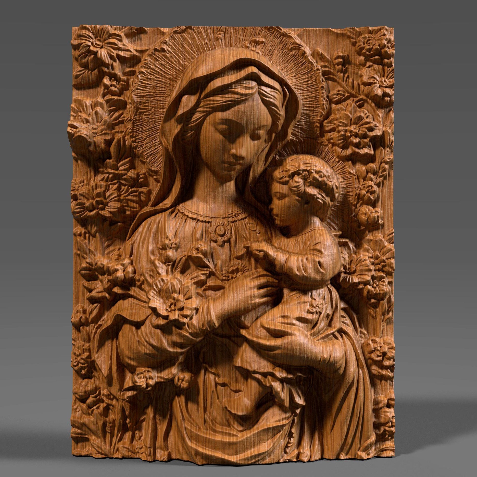 Exquisite 3D wooden bas-relief sculpture depicting the Virgin Mary tenderly holding baby Jesus, surrounded by detailed floral carvings. The artwork captures the beauty and serenity of motherhood and faith, making it perfect for Christian homes, chapels, and spiritual decor. Finely detailed wood texture enhances depth and realism, ideal for CNC carving, 3D printing, or display as an elegant religious wall piece symbolizing divine love and protection.