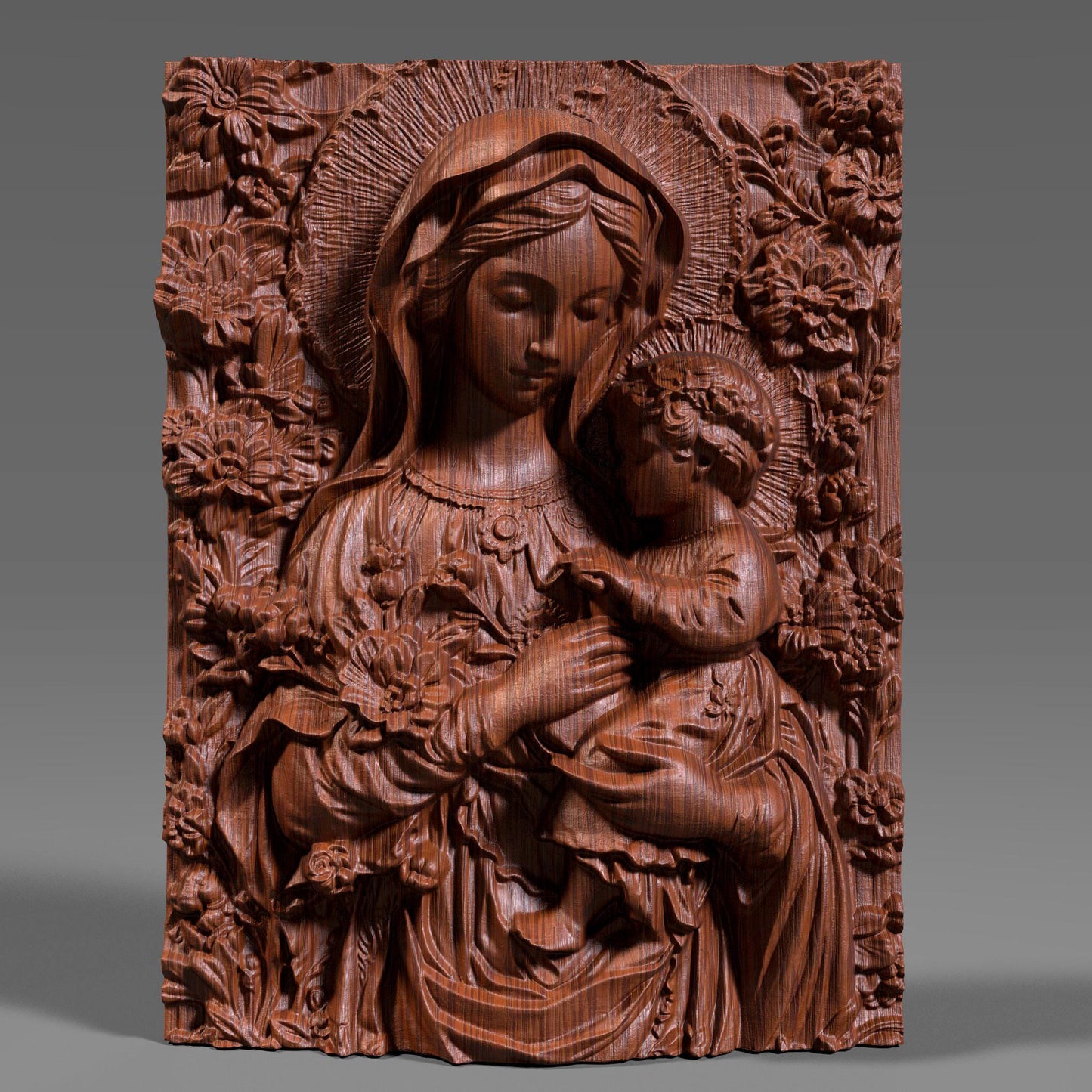 Exquisite 3D wooden bas-relief sculpture depicting the Virgin Mary tenderly holding baby Jesus, surrounded by detailed floral carvings. The artwork captures the beauty and serenity of motherhood and faith, making it perfect for Christian homes, chapels, and spiritual decor. Finely detailed wood texture enhances depth and realism, ideal for CNC carving, 3D printing, or display as an elegant religious wall piece symbolizing divine love and protection.