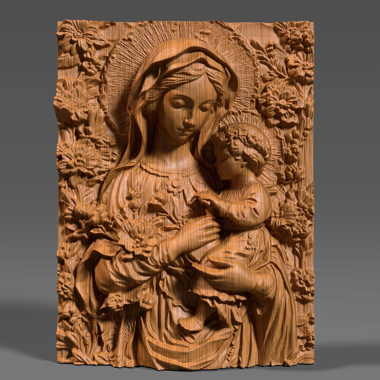 Exquisite 3D wooden bas-relief sculpture depicting the Virgin Mary tenderly holding baby Jesus, surrounded by detailed floral carvings. The artwork captures the beauty and serenity of motherhood and faith, making it perfect for Christian homes, chapels, and spiritual decor. Finely detailed wood texture enhances depth and realism, ideal for CNC carving, 3D printing, or display as an elegant religious wall piece symbolizing divine love and protection.