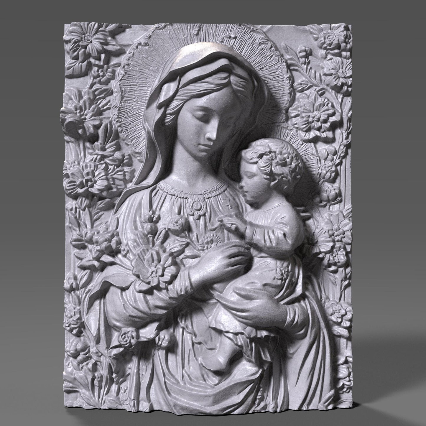 Exquisite 3D wooden bas-relief sculpture depicting the Virgin Mary tenderly holding baby Jesus, surrounded by detailed floral carvings. The artwork captures the beauty and serenity of motherhood and faith, making it perfect for Christian homes, chapels, and spiritual decor. Finely detailed wood texture enhances depth and realism, ideal for CNC carving, 3D printing, or display as an elegant religious wall piece symbolizing divine love and protection.