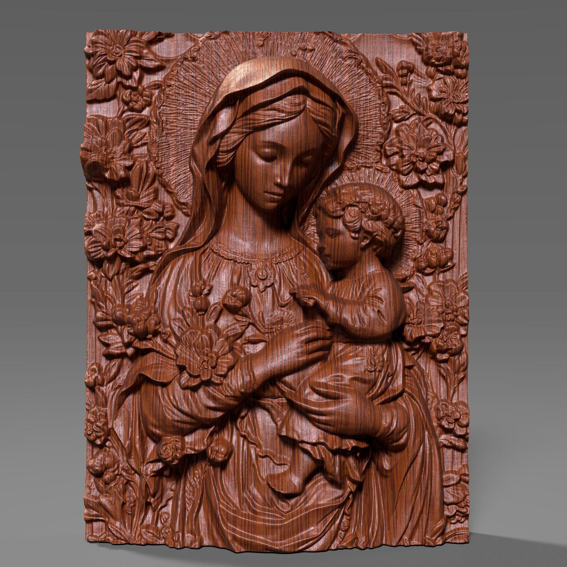 Exquisite 3D wooden bas-relief sculpture depicting the Virgin Mary tenderly holding baby Jesus, surrounded by detailed floral carvings. The artwork captures the beauty and serenity of motherhood and faith, making it perfect for Christian homes, chapels, and spiritual decor. Finely detailed wood texture enhances depth and realism, ideal for CNC carving, 3D printing, or display as an elegant religious wall piece symbolizing divine love and protection.
