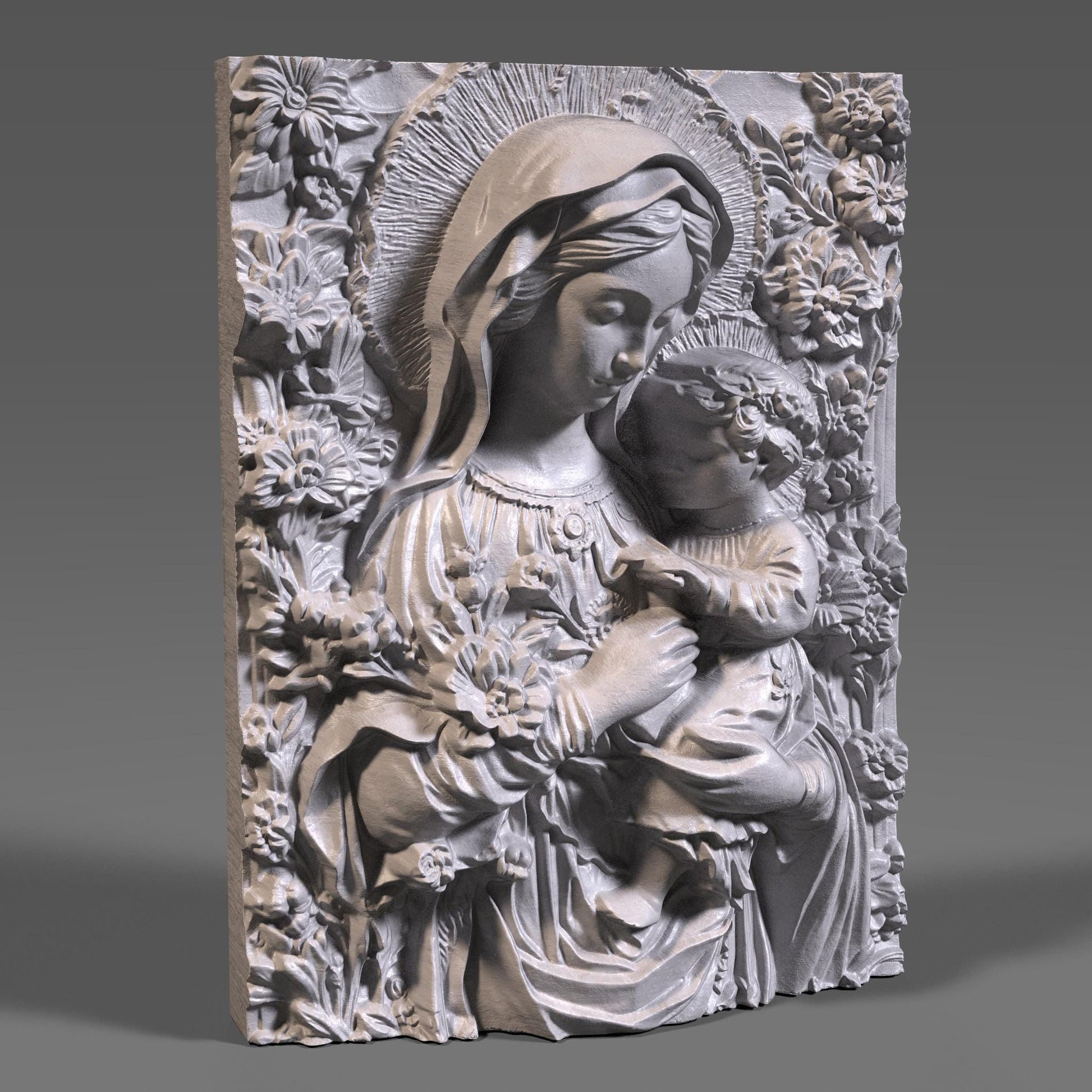 Virgin Mary and Baby Jesus 3D Relief Model: CNC, 3d print (Digital Download)