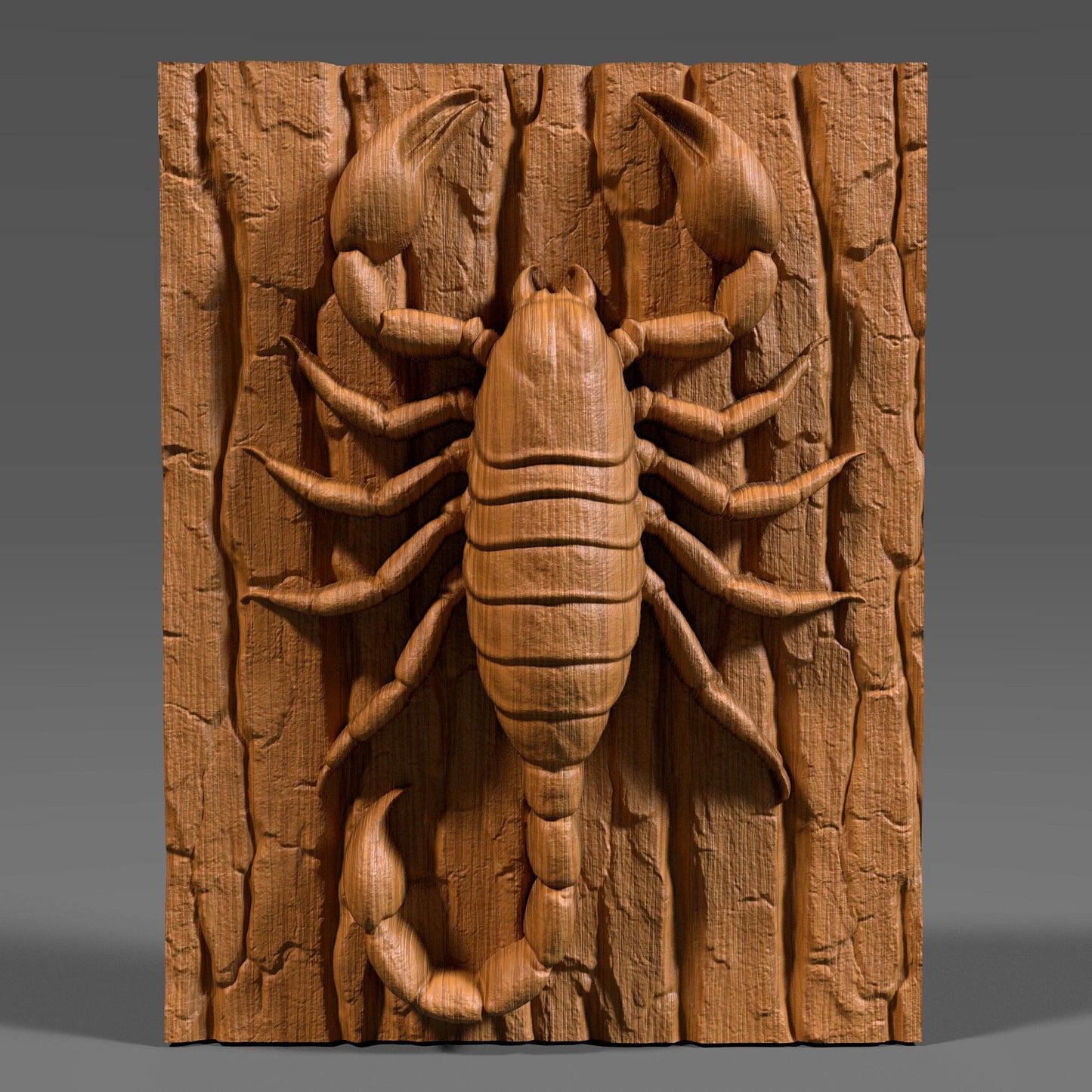 Detailed 3D wooden bas-relief carving of a scorpion crawling on textured wood bark, symbolizing power, mystery, and transformation. This Scorpio zodiac-themed wall art combines natural wood texture with fine craftsmanship, making it a unique astrology-inspired decor piece. Perfect for Scorpio season birthdays, zodiac enthusiasts, or rustic wall displays. A bold and artistic symbol of strength and resilience captured in timeless wood form.