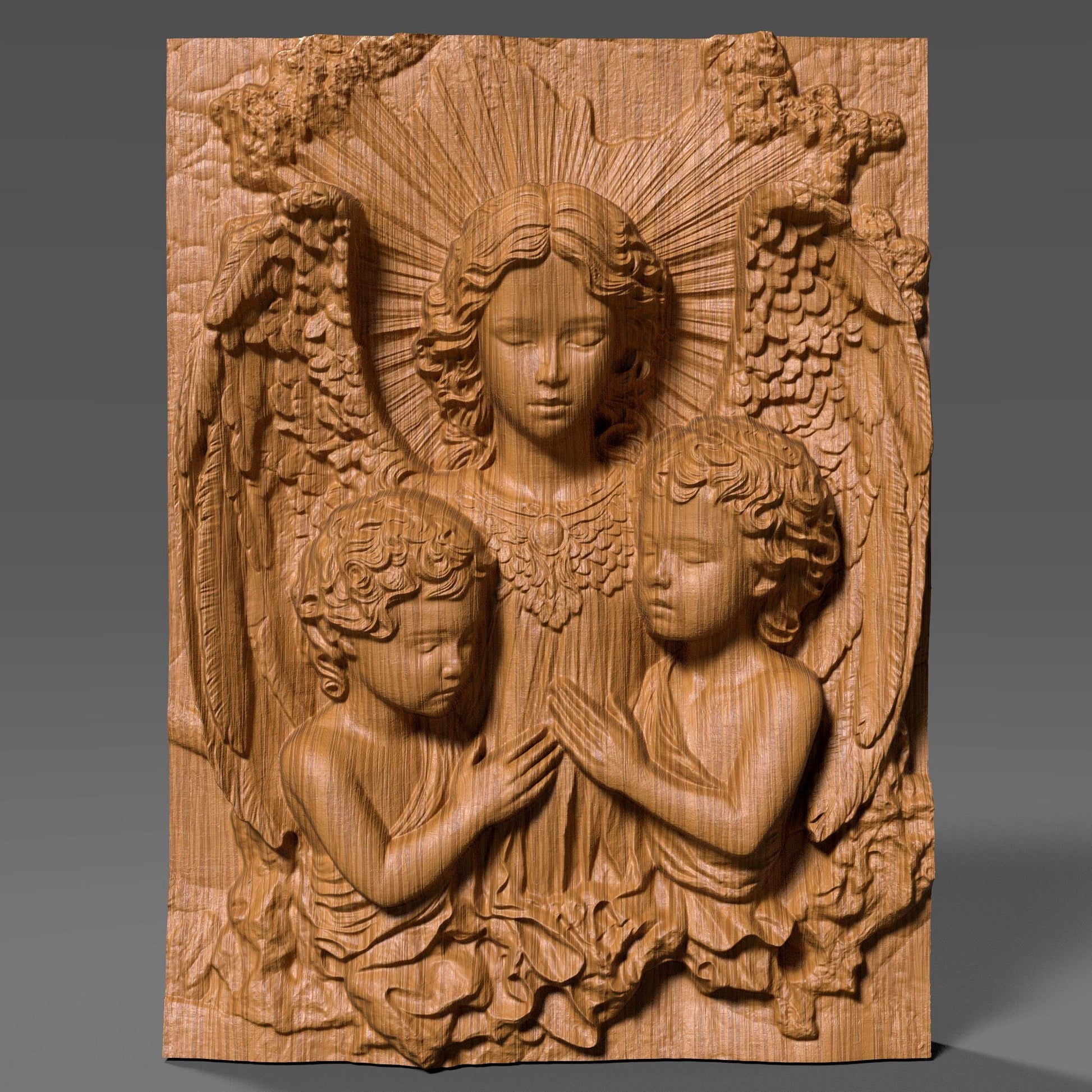 Beautiful 3D wooden bas-relief depicting guardian angels watching over two children in serene prayer. This Christian wall art captures divine love, purity, and protection — perfect for Christmas decor, religious gifts, or sacred home displays. The intricate carving details, radiant light effect, and fine wood texture make it a timeless piece for faith-inspired interiors. Ideal for believers seeking meaningful spiritual wall art with angelic grace and warmth.