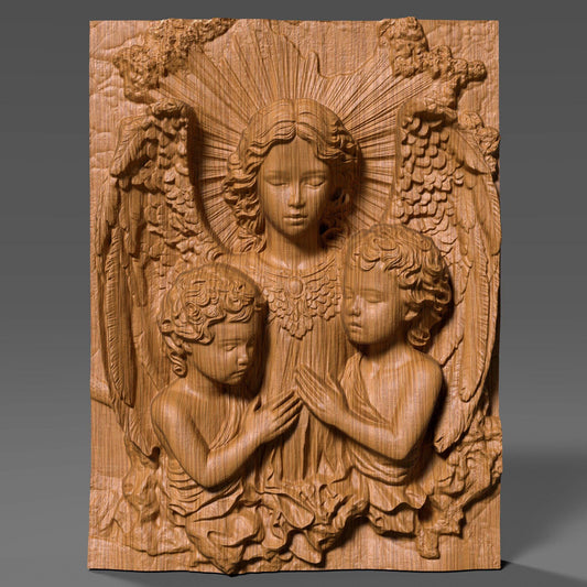 Beautiful 3D wooden bas-relief depicting guardian angels watching over two children in serene prayer. This Christian wall art captures divine love, purity, and protection — perfect for Christmas decor, religious gifts, or sacred home displays. The intricate carving details, radiant light effect, and fine wood texture make it a timeless piece for faith-inspired interiors. Ideal for believers seeking meaningful spiritual wall art with angelic grace and warmth.
