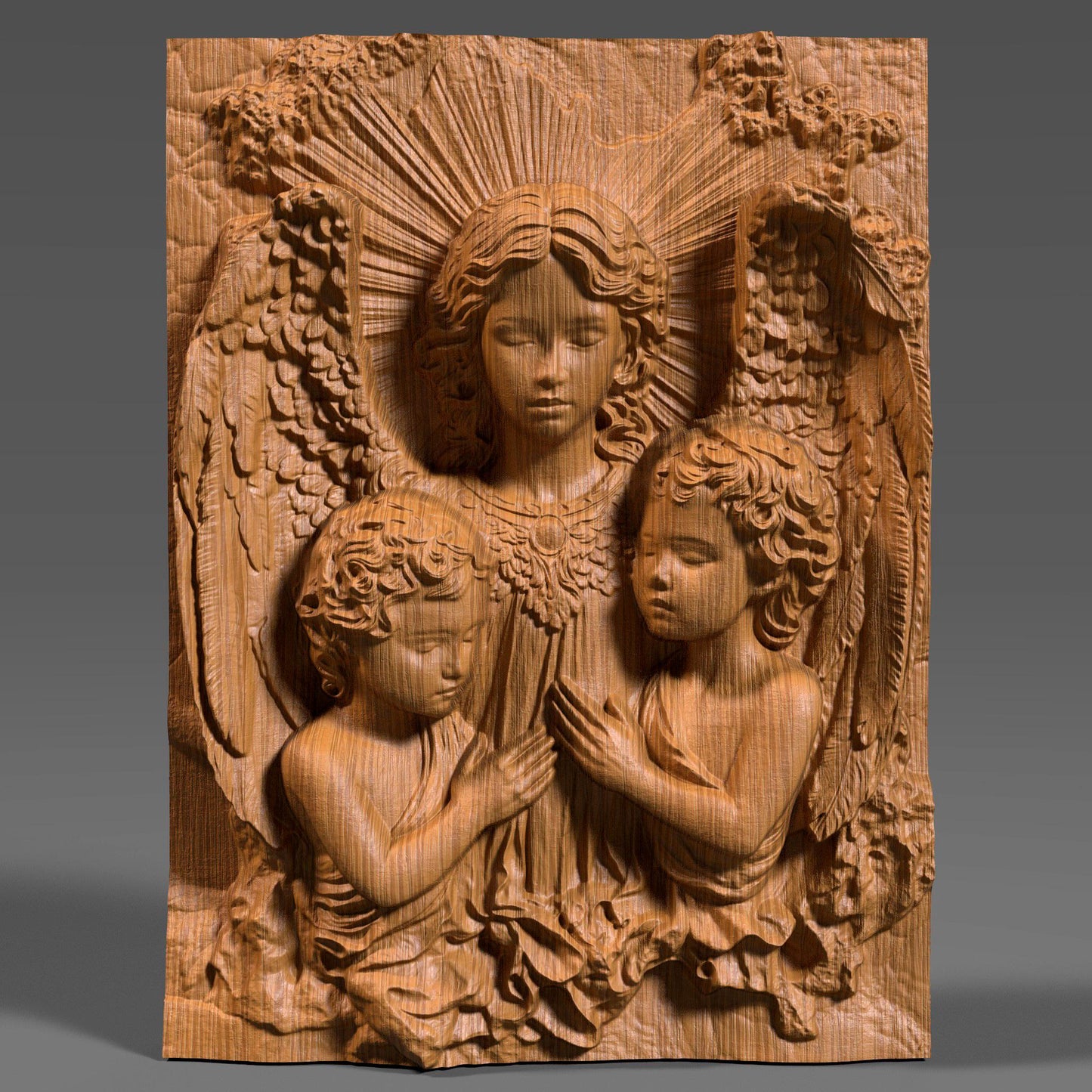 Beautiful 3D wooden bas-relief depicting guardian angels watching over two children in serene prayer. This Christian wall art captures divine love, purity, and protection — perfect for Christmas decor, religious gifts, or sacred home displays. The intricate carving details, radiant light effect, and fine wood texture make it a timeless piece for faith-inspired interiors. Ideal for believers seeking meaningful spiritual wall art with angelic grace and warmth.