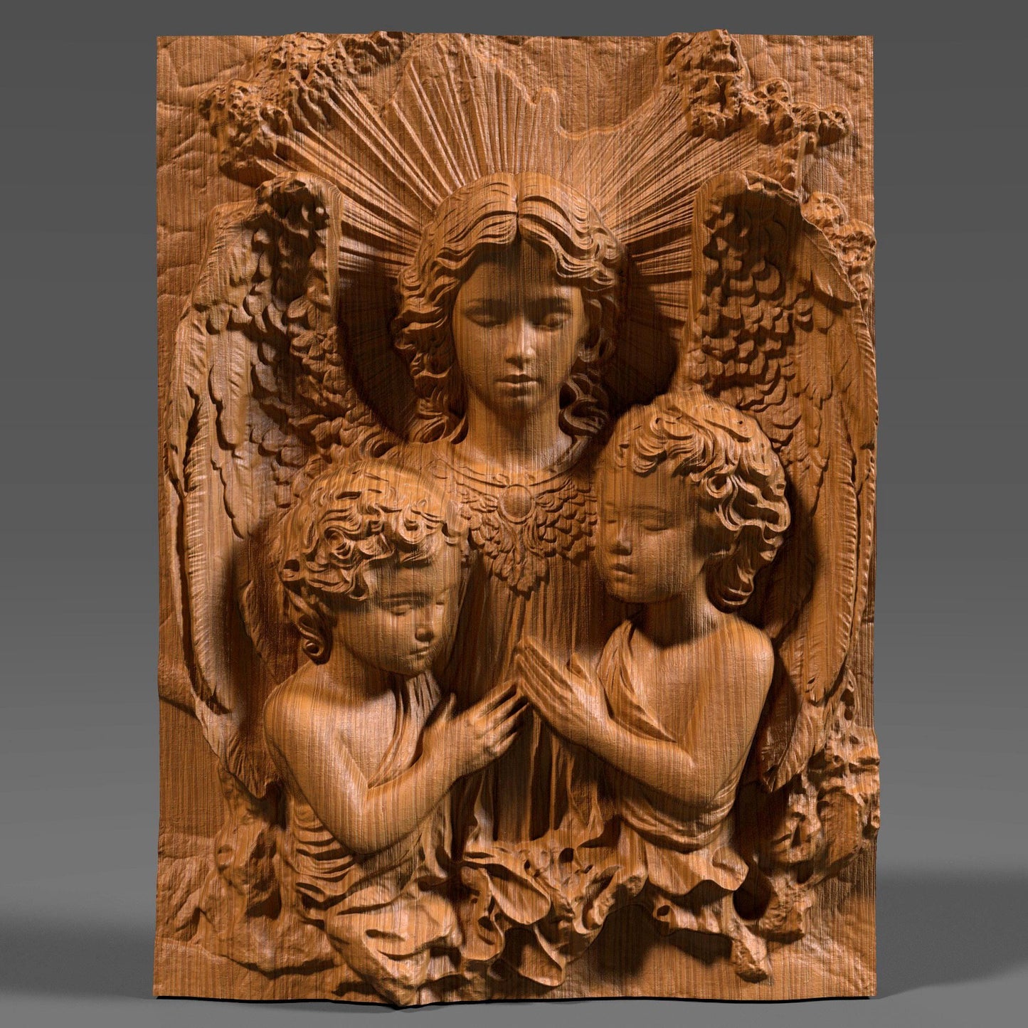 Beautiful 3D wooden bas-relief depicting guardian angels watching over two children in serene prayer. This Christian wall art captures divine love, purity, and protection — perfect for Christmas decor, religious gifts, or sacred home displays. The intricate carving details, radiant light effect, and fine wood texture make it a timeless piece for faith-inspired interiors. Ideal for believers seeking meaningful spiritual wall art with angelic grace and warmth.