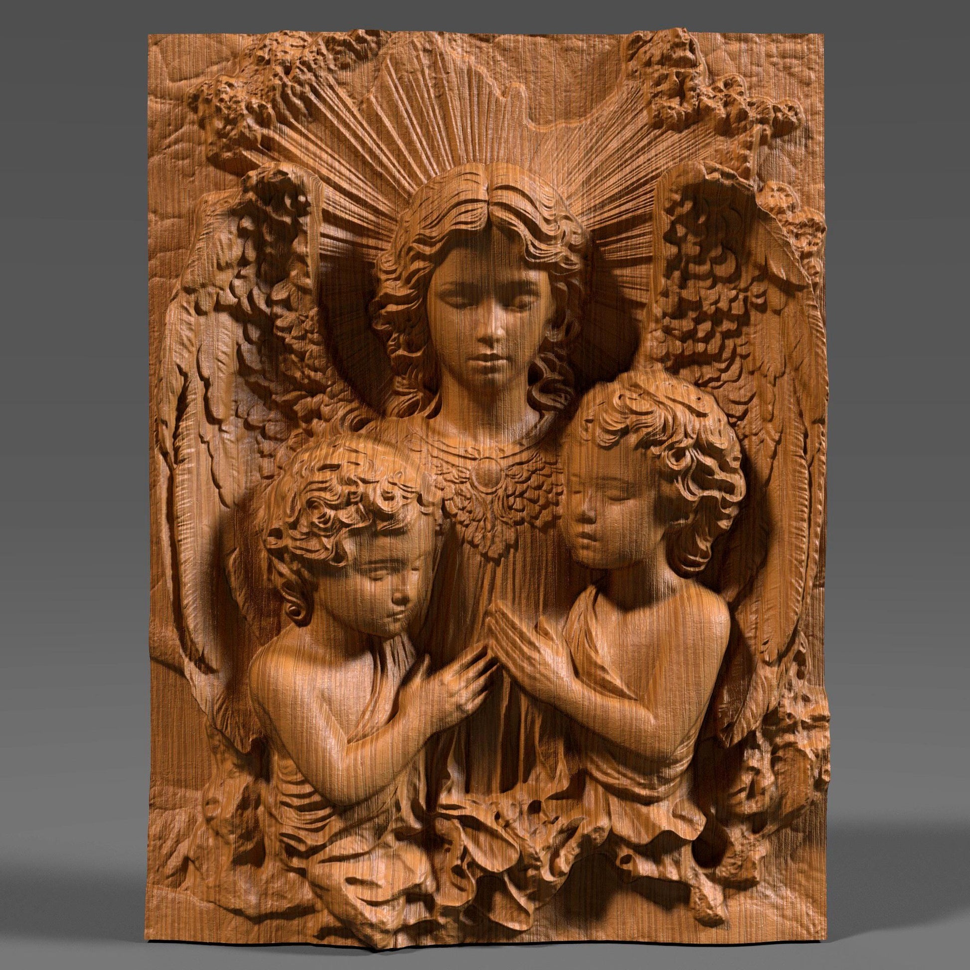 Beautiful 3D wooden bas-relief depicting guardian angels watching over two children in serene prayer. This Christian wall art captures divine love, purity, and protection — perfect for Christmas decor, religious gifts, or sacred home displays. The intricate carving details, radiant light effect, and fine wood texture make it a timeless piece for faith-inspired interiors. Ideal for believers seeking meaningful spiritual wall art with angelic grace and warmth.
