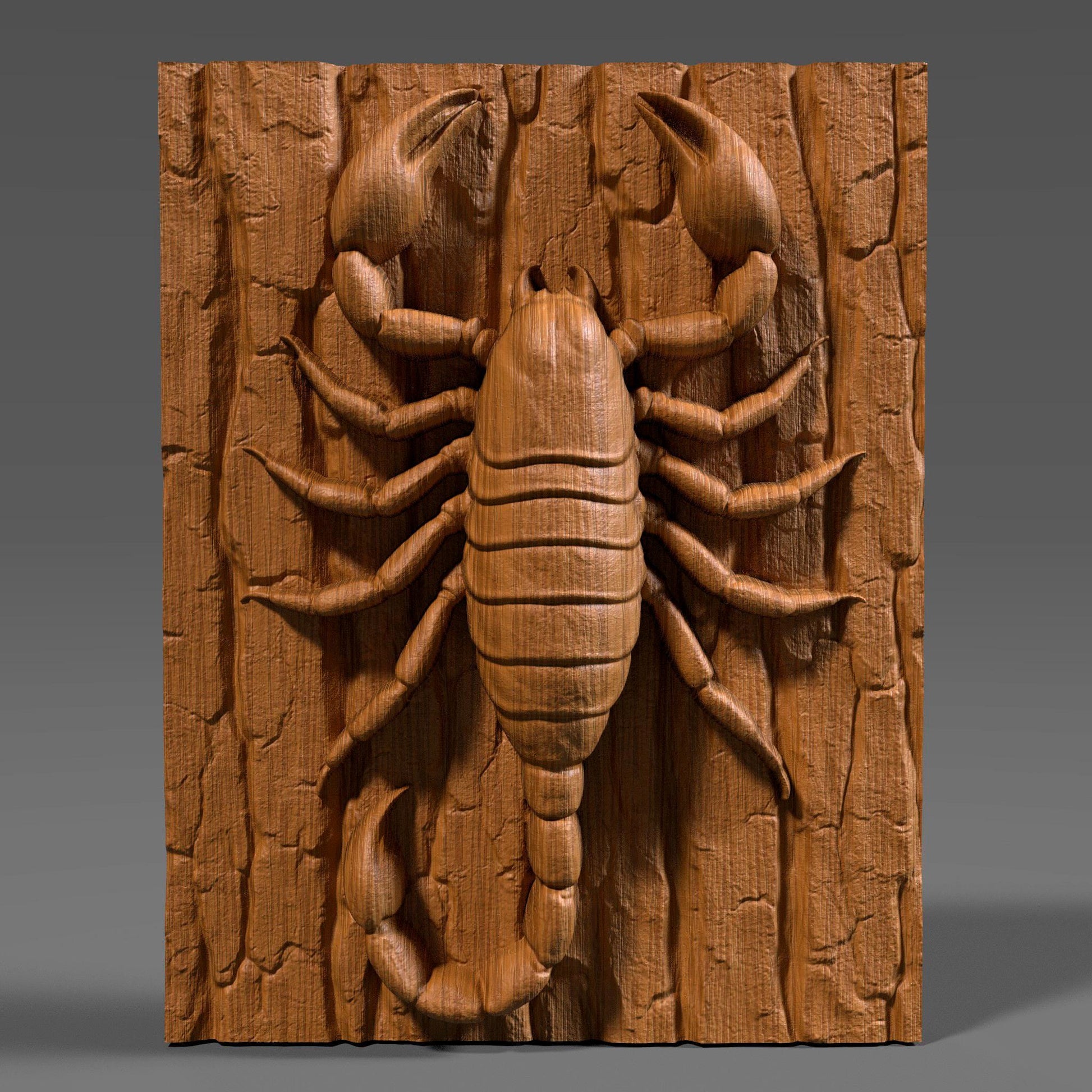 Detailed 3D wooden bas-relief carving of a scorpion crawling on textured wood bark, symbolizing power, mystery, and transformation. This Scorpio zodiac-themed wall art combines natural wood texture with fine craftsmanship, making it a unique astrology-inspired decor piece. Perfect for Scorpio season birthdays, zodiac enthusiasts, or rustic wall displays. A bold and artistic symbol of strength and resilience captured in timeless wood form.