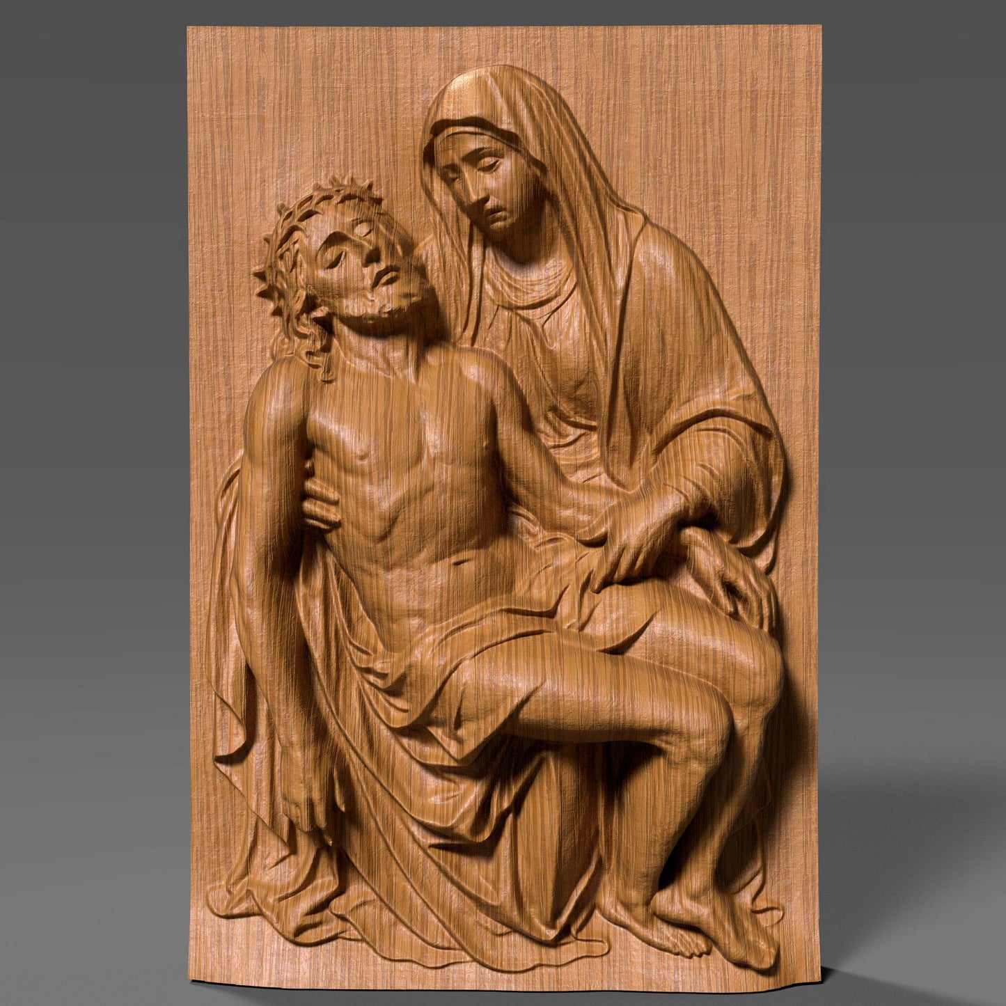 Detailed 3D bas-relief carving of the Pietà scene showing the Virgin Mary holding Jesus after the crucifixion. The artwork features realistic drapery, expressive emotion, and fine wooden texture, making it ideal for Christian homes, prayer rooms, and Christmas religious décor. Perfect for wall hanging, devotional art displays, or CNC/3D-printed sacred artwork. A beautiful spiritual piece celebrating faith, love, and sacrifice.