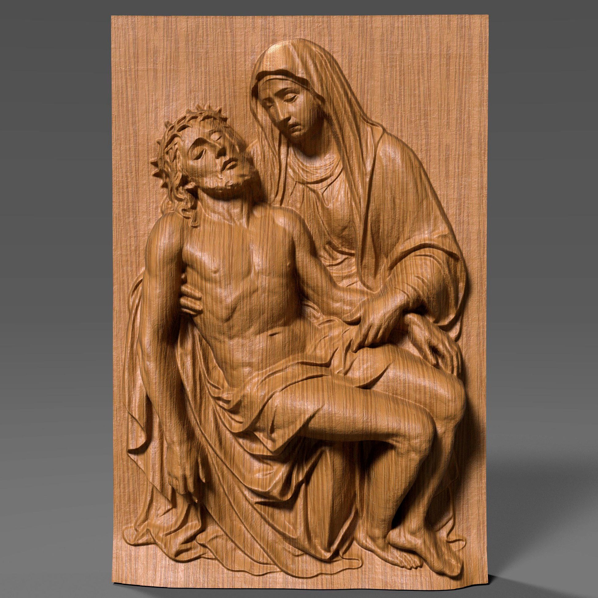 Detailed 3D bas-relief carving of the Pietà scene showing the Virgin Mary holding Jesus after the crucifixion. The artwork features realistic drapery, expressive emotion, and fine wooden texture, making it ideal for Christian homes, prayer rooms, and Christmas religious décor. Perfect for wall hanging, devotional art displays, or CNC/3D-printed sacred artwork. A beautiful spiritual piece celebrating faith, love, and sacrifice.