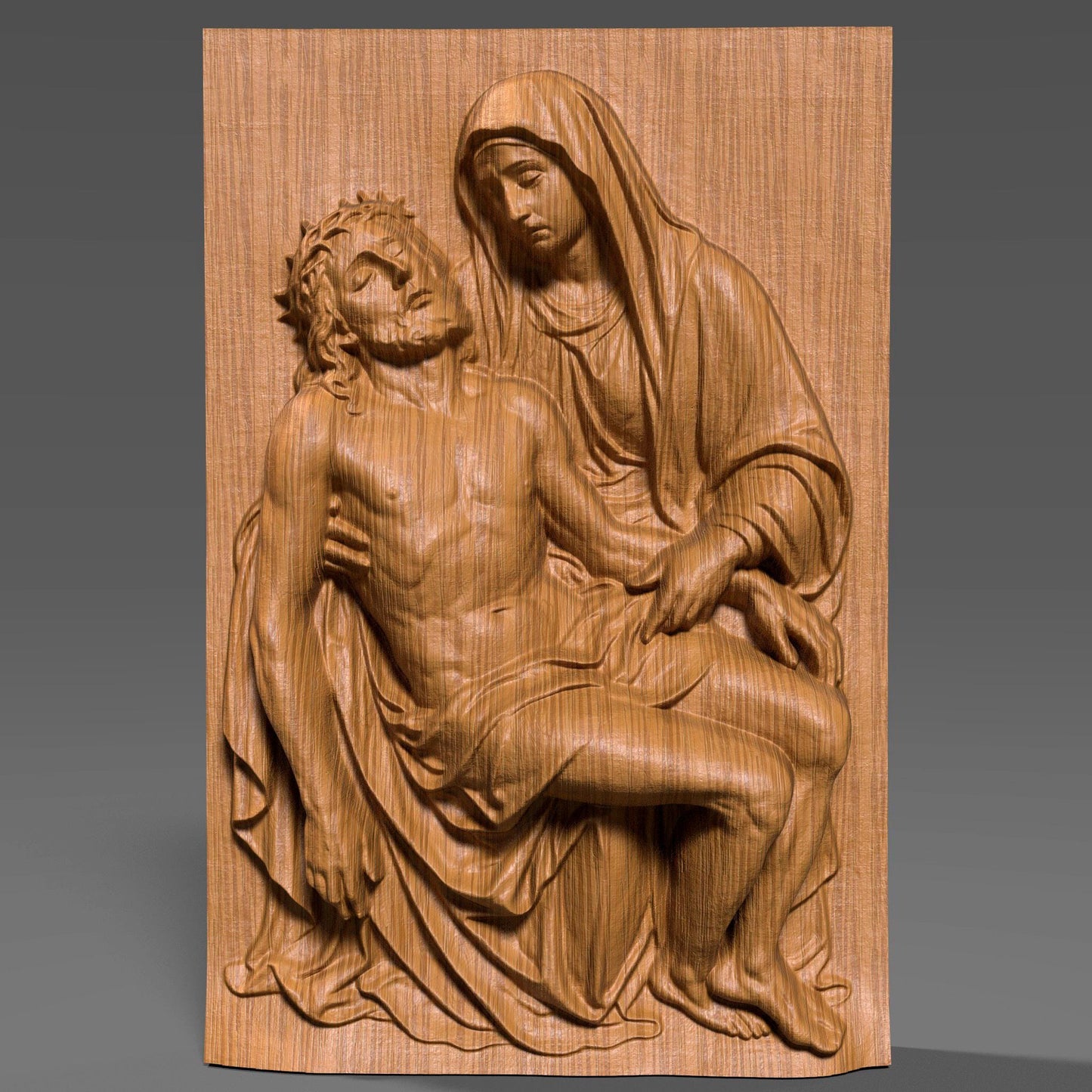 Detailed 3D bas-relief carving of the Pietà scene showing the Virgin Mary holding Jesus after the crucifixion. The artwork features realistic drapery, expressive emotion, and fine wooden texture, making it ideal for Christian homes, prayer rooms, and Christmas religious décor. Perfect for wall hanging, devotional art displays, or CNC/3D-printed sacred artwork. A beautiful spiritual piece celebrating faith, love, and sacrifice.