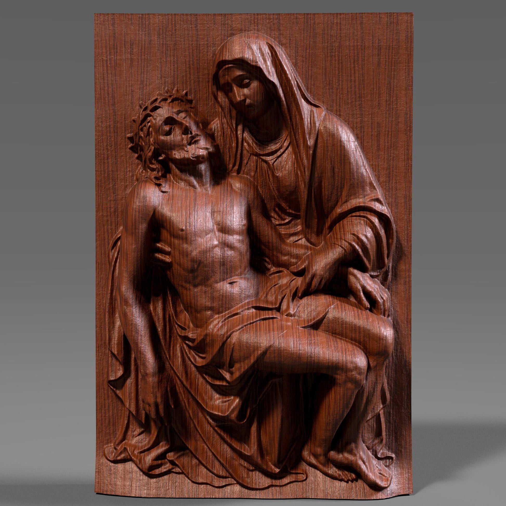 Detailed 3D bas-relief carving of the Pietà scene showing the Virgin Mary holding Jesus after the crucifixion. The artwork features realistic drapery, expressive emotion, and fine wooden texture, making it ideal for Christian homes, prayer rooms, and Christmas religious décor. Perfect for wall hanging, devotional art displays, or CNC/3D-printed sacred artwork. A beautiful spiritual piece celebrating faith, love, and sacrifice.
