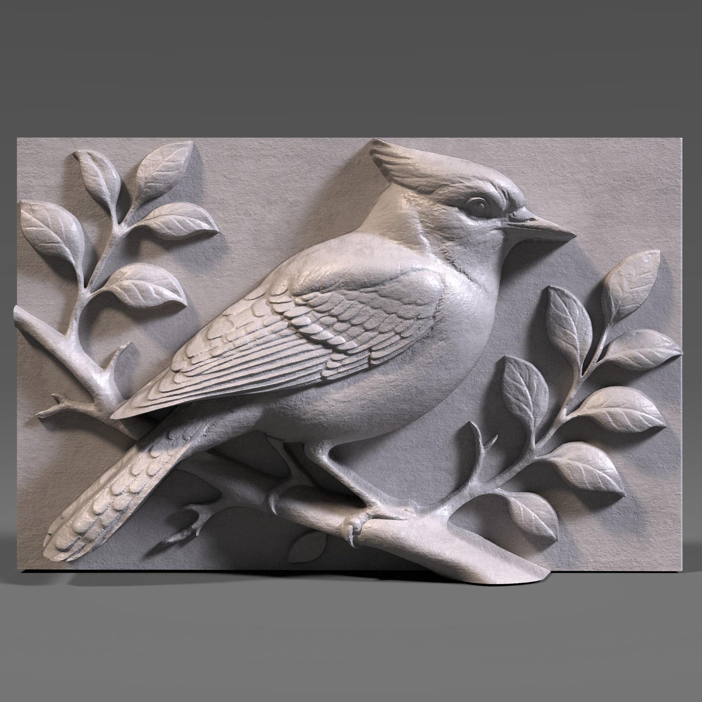 A detailed 3D bas relief carving of a blue jay perched on a branch with surrounding leaves. The sculpture captures realistic feather texture, a strong crest, and natural bird anatomy. Designed for CNC carving, laser engraving, or 3D printing, this wooden-style artwork highlights nature and wildlife themes, perfect for rustic wall decor, bird lovers, or woodland home decorations.