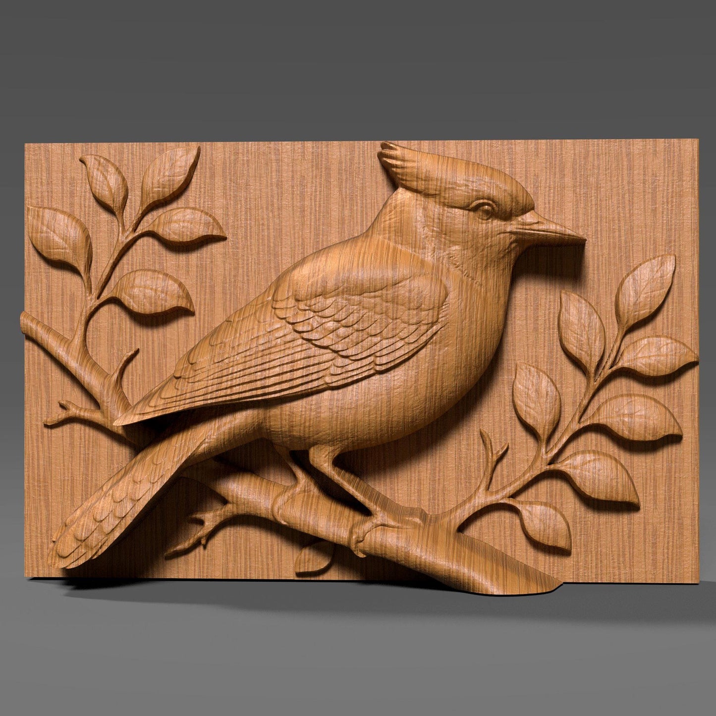 A detailed 3D bas relief carving of a blue jay perched on a branch with surrounding leaves. The sculpture captures realistic feather texture, a strong crest, and natural bird anatomy. Designed for CNC carving, laser engraving, or 3D printing, this wooden-style artwork highlights nature and wildlife themes, perfect for rustic wall decor, bird lovers, or woodland home decorations.