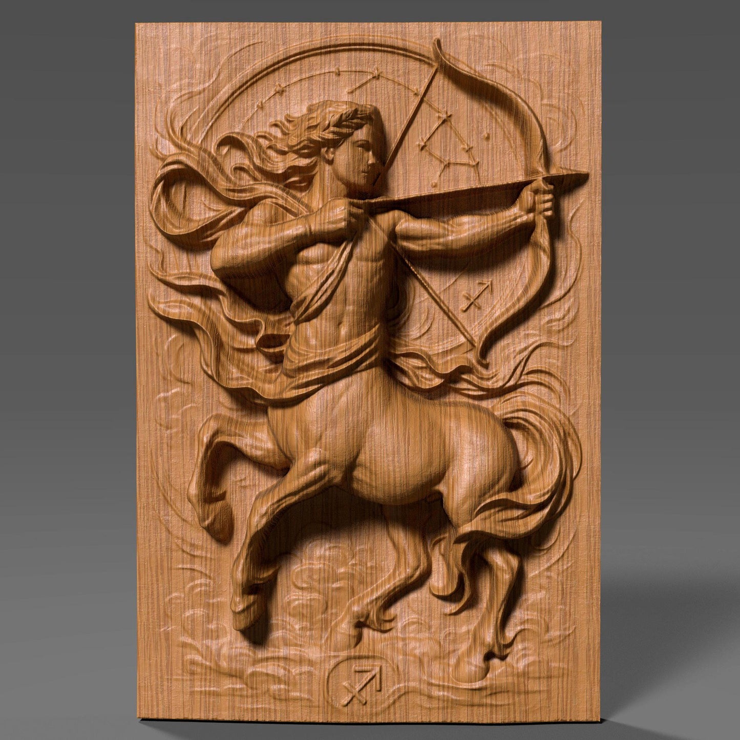 A detailed 3D bas relief carving of the Sagittarius zodiac symbol, featuring a dynamic centaur archer drawing a bow with flowing fabric and swirling clouds. The artwork highlights sculpted musculature, detailed horse anatomy, and a circular star constellation backdrop. Designed for CNC carving, laser engraving, or 3D printing, this wooden-style zodiac panel is ideal for astrology lovers, December birthdays, or celestial-themed home decor.