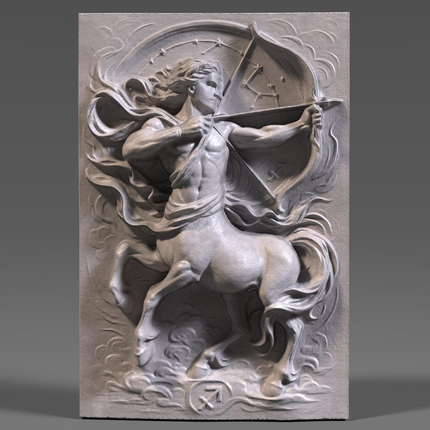A detailed 3D bas relief carving of the Sagittarius zodiac symbol, featuring a dynamic centaur archer drawing a bow with flowing fabric and swirling clouds. The artwork highlights sculpted musculature, detailed horse anatomy, and a circular star constellation backdrop. Designed for CNC carving, laser engraving, or 3D printing, this wooden-style zodiac panel is ideal for astrology lovers, December birthdays, or celestial-themed home decor.