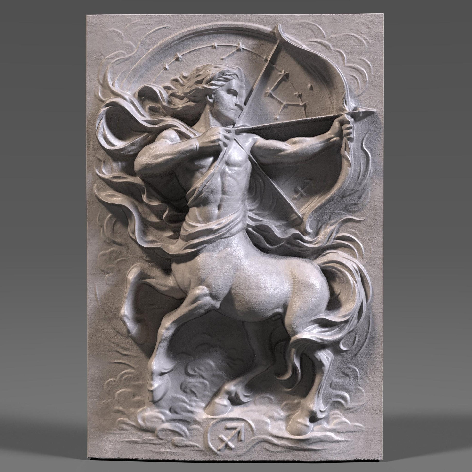 A detailed 3D bas relief carving of the Sagittarius zodiac symbol, featuring a dynamic centaur archer drawing a bow with flowing fabric and swirling clouds. The artwork highlights sculpted musculature, detailed horse anatomy, and a circular star constellation backdrop. Designed for CNC carving, laser engraving, or 3D printing, this wooden-style zodiac panel is ideal for astrology lovers, December birthdays, or celestial-themed home decor.