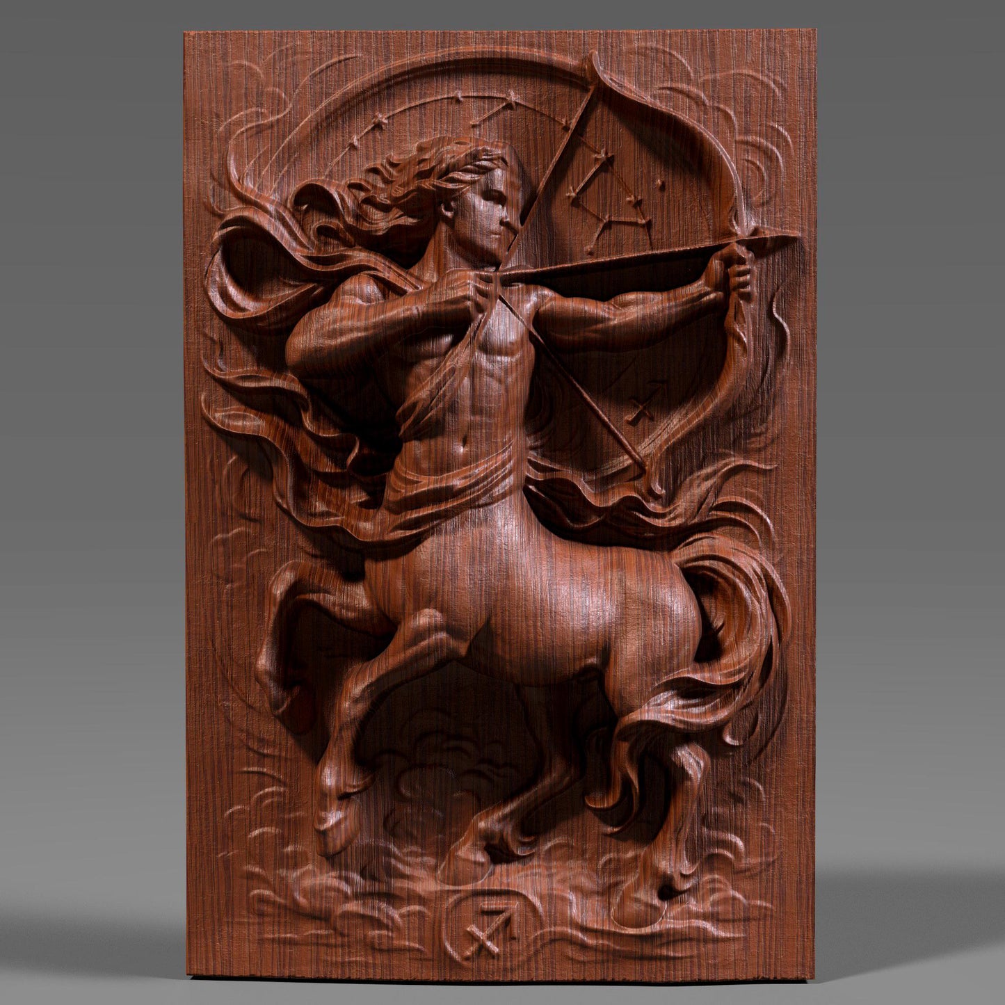 A detailed 3D bas relief carving of the Sagittarius zodiac symbol, featuring a dynamic centaur archer drawing a bow with flowing fabric and swirling clouds. The artwork highlights sculpted musculature, detailed horse anatomy, and a circular star constellation backdrop. Designed for CNC carving, laser engraving, or 3D printing, this wooden-style zodiac panel is ideal for astrology lovers, December birthdays, or celestial-themed home decor.