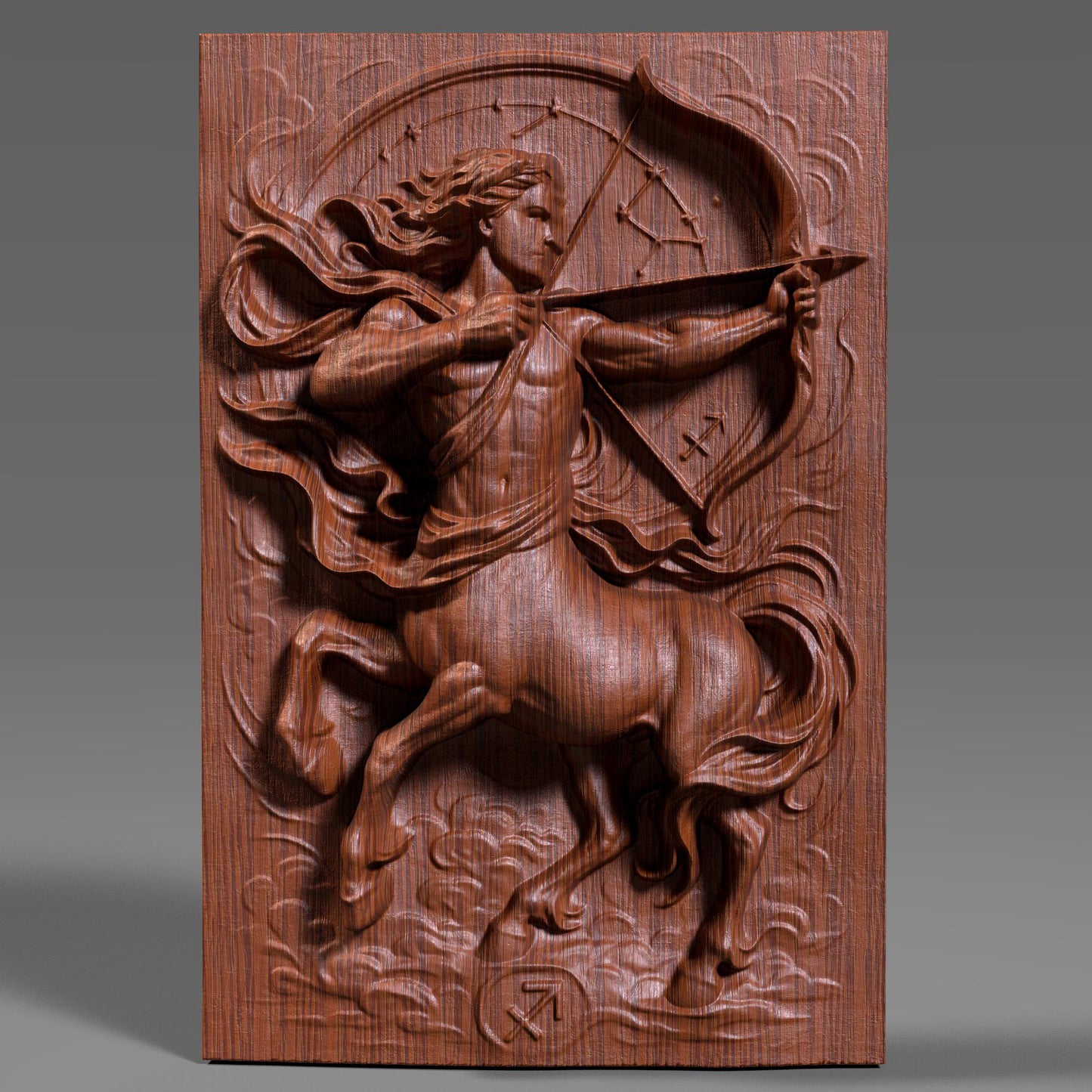 A detailed 3D bas relief carving of the Sagittarius zodiac symbol, featuring a dynamic centaur archer drawing a bow with flowing fabric and swirling clouds. The artwork highlights sculpted musculature, detailed horse anatomy, and a circular star constellation backdrop. Designed for CNC carving, laser engraving, or 3D printing, this wooden-style zodiac panel is ideal for astrology lovers, December birthdays, or celestial-themed home decor.